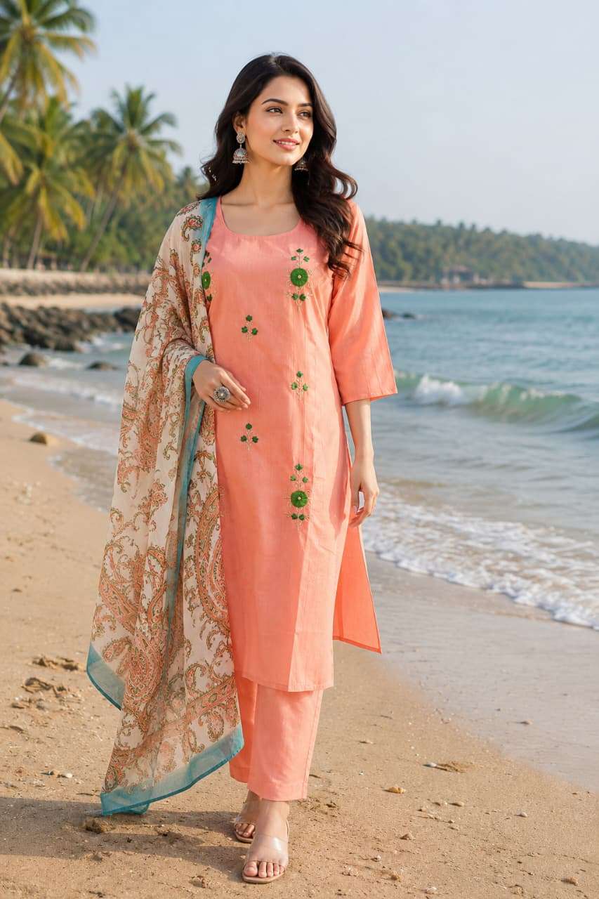 Premium Titan Cotton Embroidered Suit with Printed Dupatta