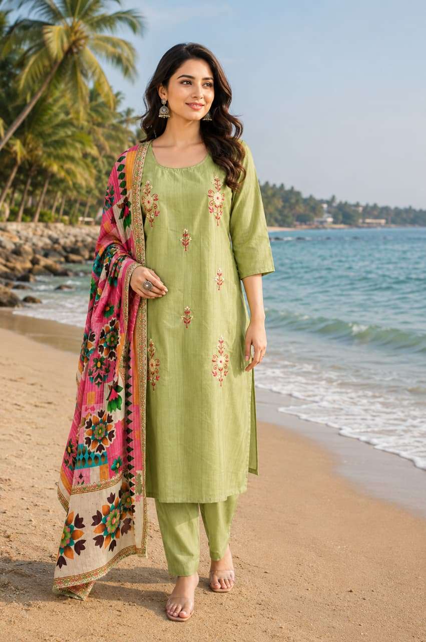 Premium Titan Cotton Embroidered Suit with Printed Dupatta