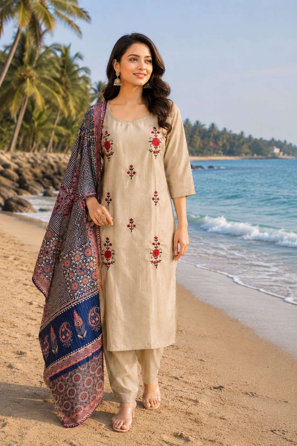 Premium Titan Cotton Embroidered Suit with Printed Dupatta