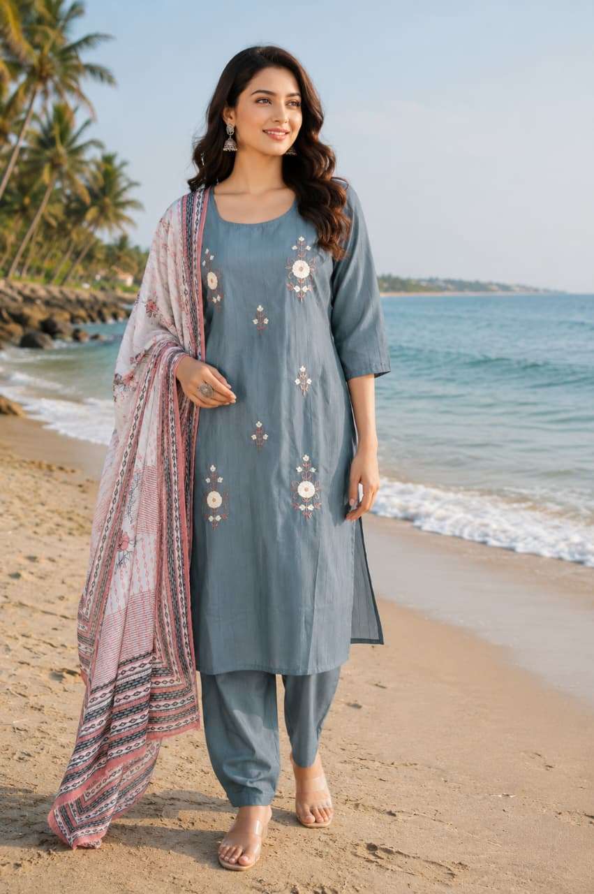 Premium Titan Cotton Embroidered Suit with Printed Dupatta