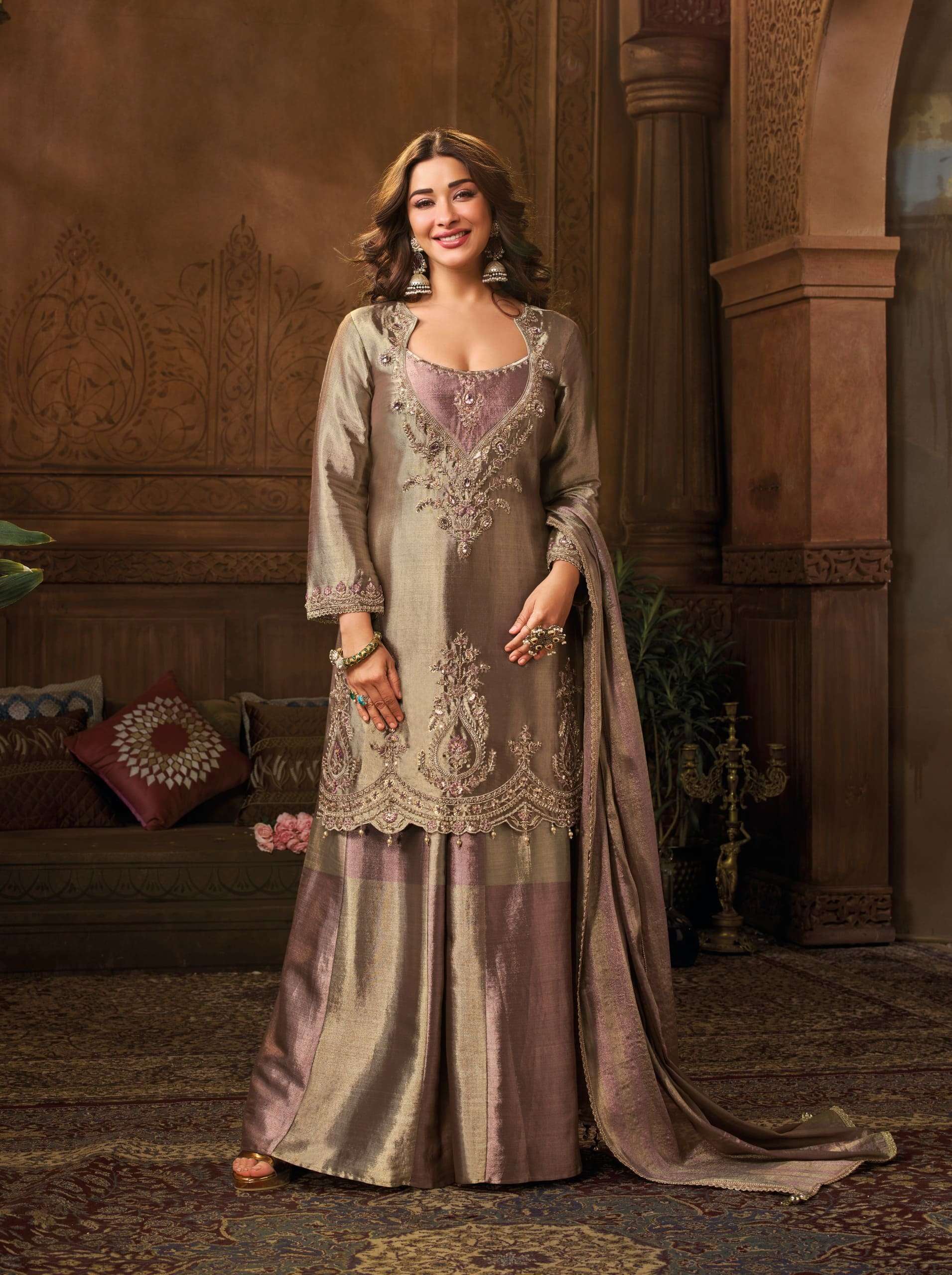 Rose Gold Banarasi Pure Zari Bustier Concept Suit Set | Cross-Kali Palazzo with Pure Zari Dupatta