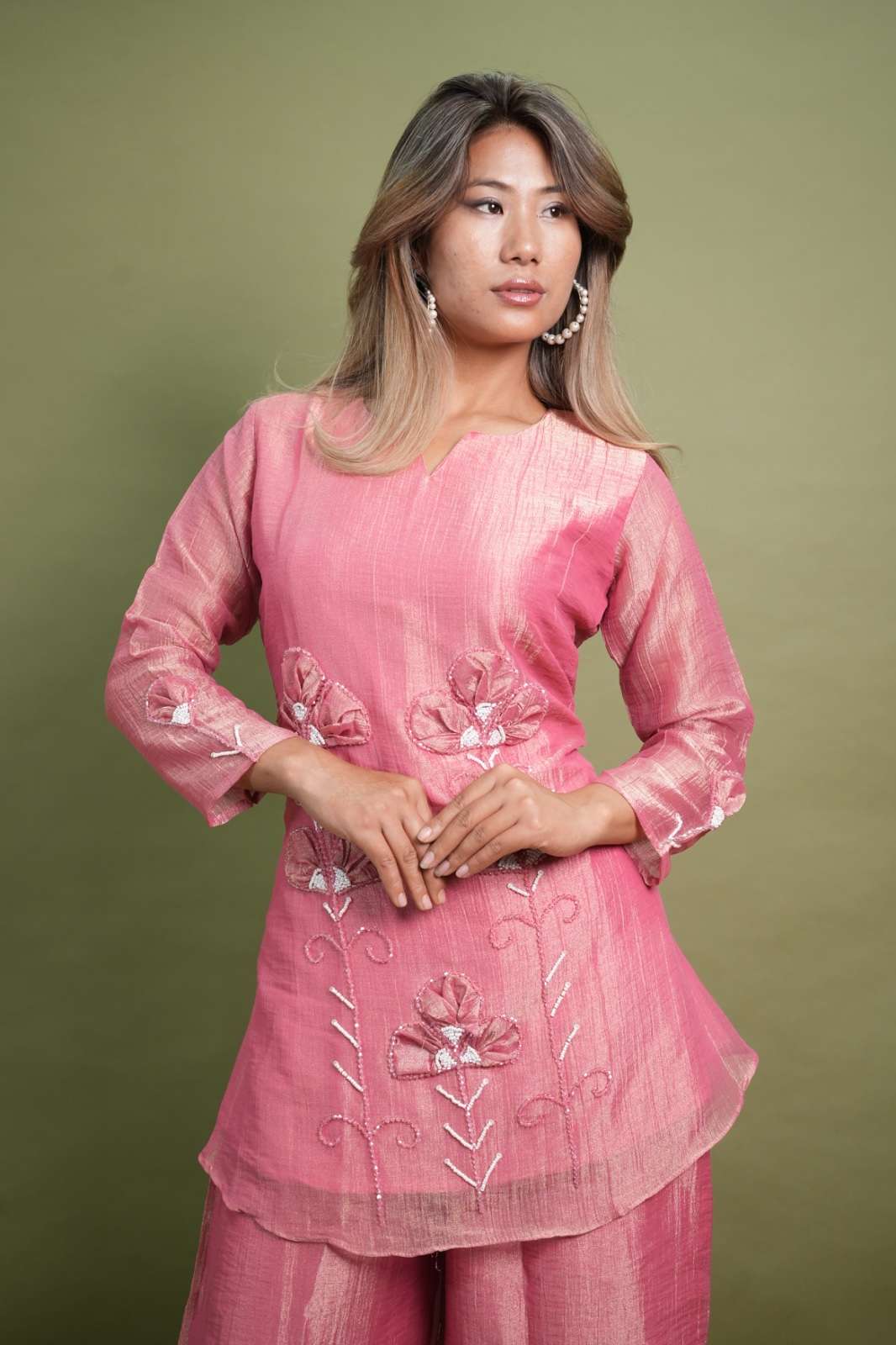 Rose Pink Gaji Silk Designer Kurti Palazzo Set