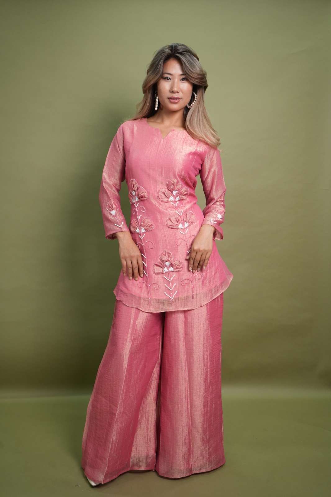Rose Pink Gaji Silk Designer Kurti Palazzo Set
