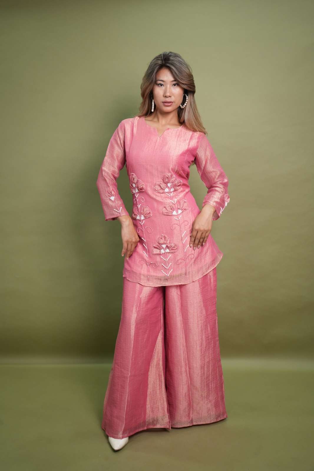 Rose Pink Gaji Silk Designer Kurti Palazzo Set