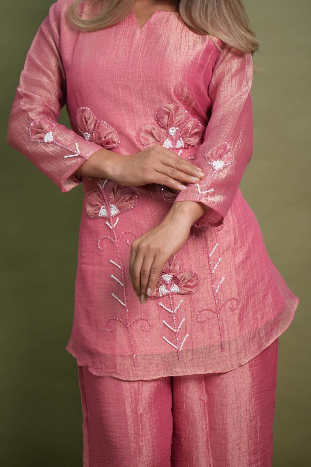 Rose Pink Gaji Silk Designer Kurti Palazzo Set