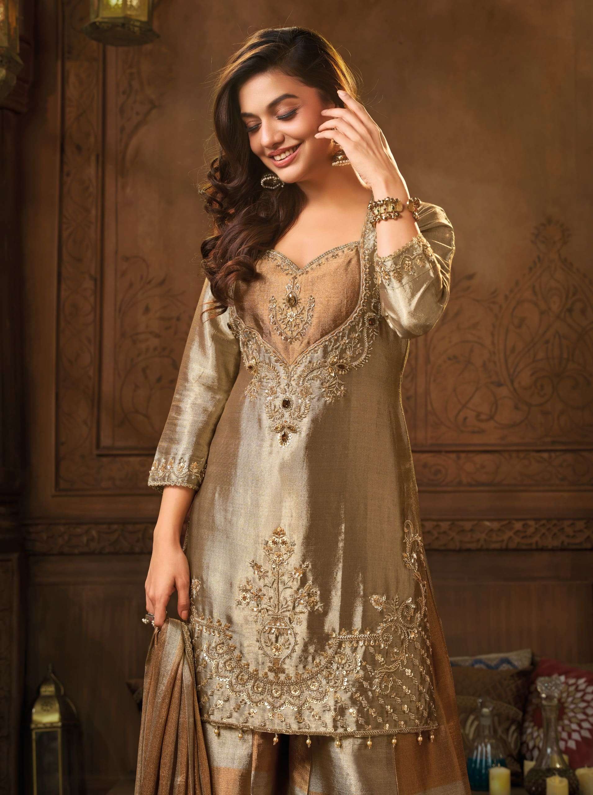 Royal Banarasi Pure Zari Bustier Concept Suit Set | Cross-Kali Palazzo with Pure Zari Dupatta