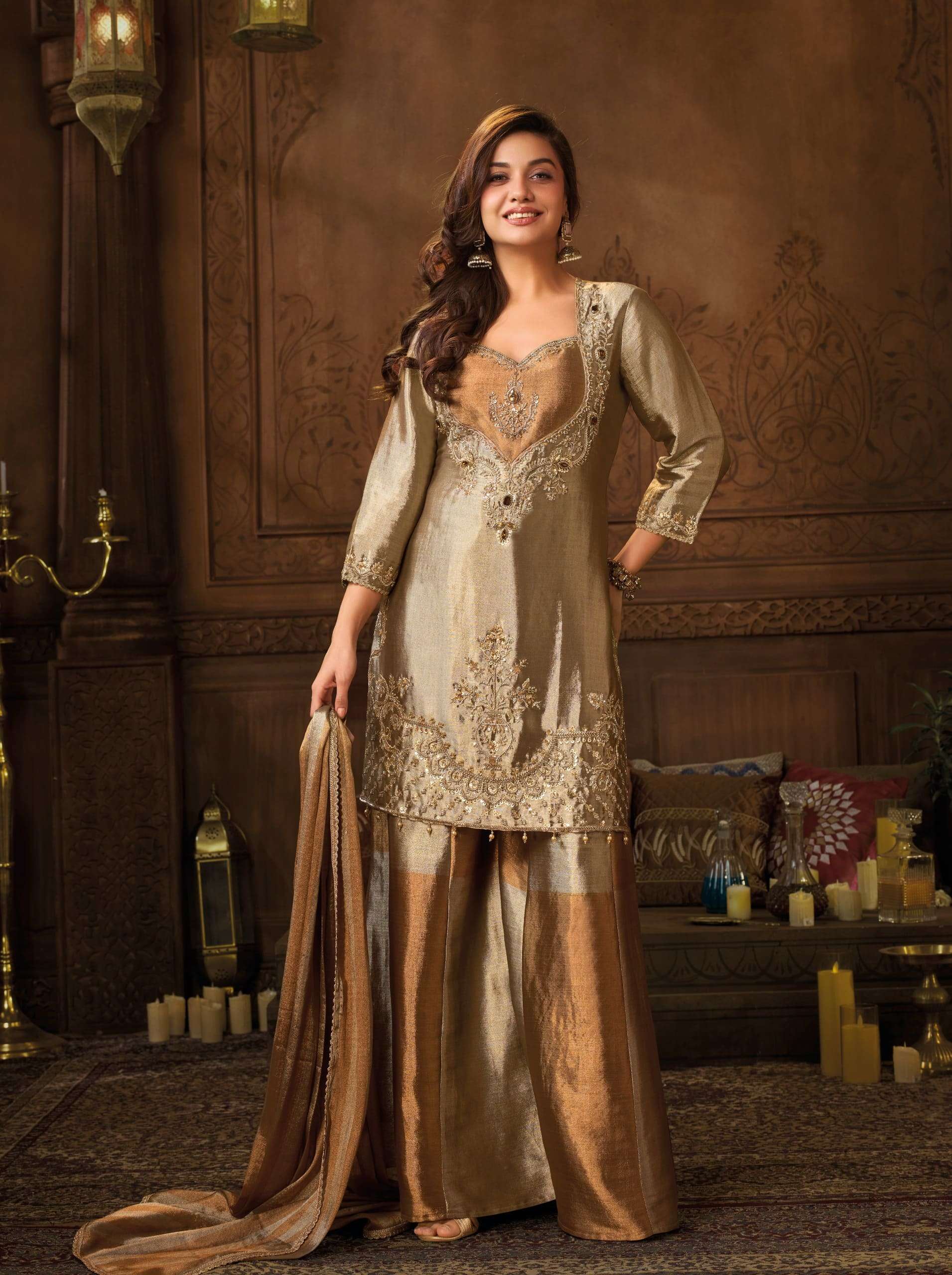 Royal Banarasi Pure Zari Bustier Concept Suit Set | Cross-Kali Palazzo with Pure Zari Dupatta