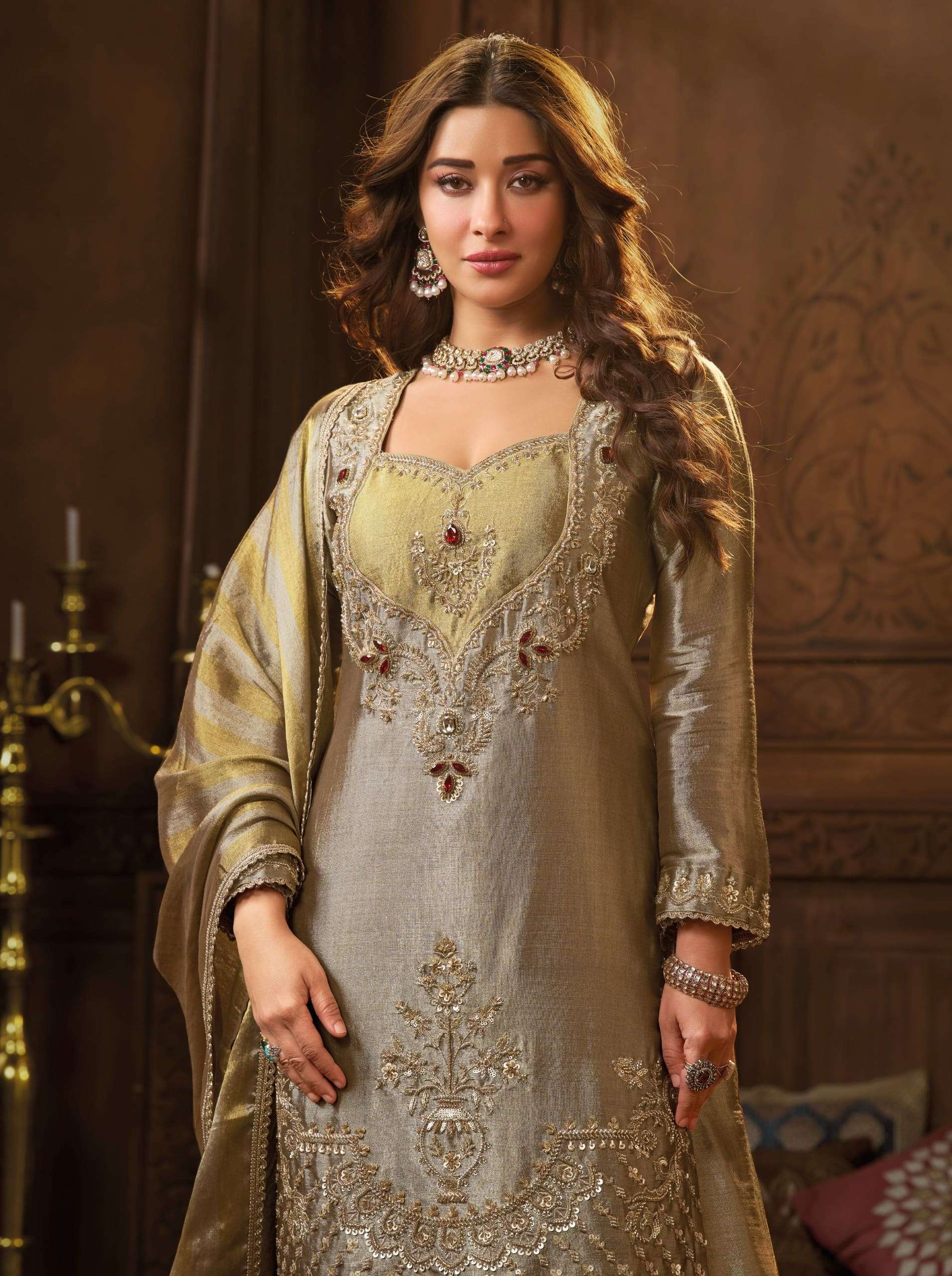 Royal Banarasi Pure Zari Bustier Concept Suit Set | Cross-Kali Palazzo with Pure Zari Dupattaa