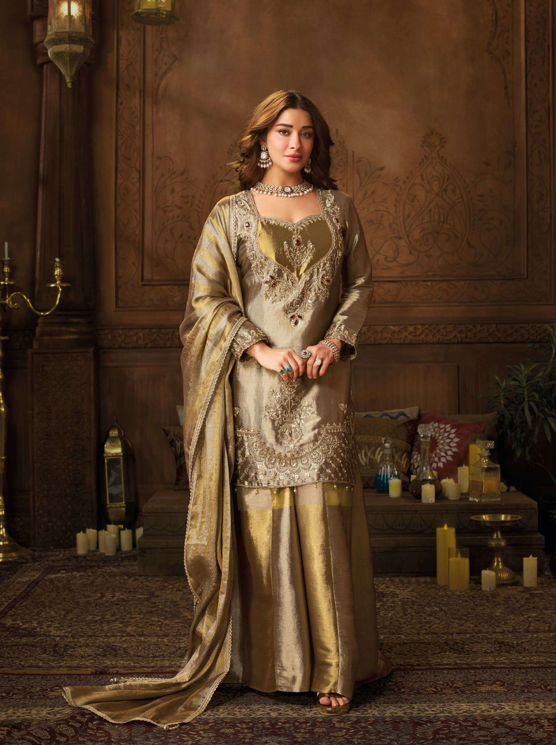 Royal Banarasi Pure Zari Bustier Concept Suit Set | Cross-Kali Palazzo with Pure Zari Dupattaa
