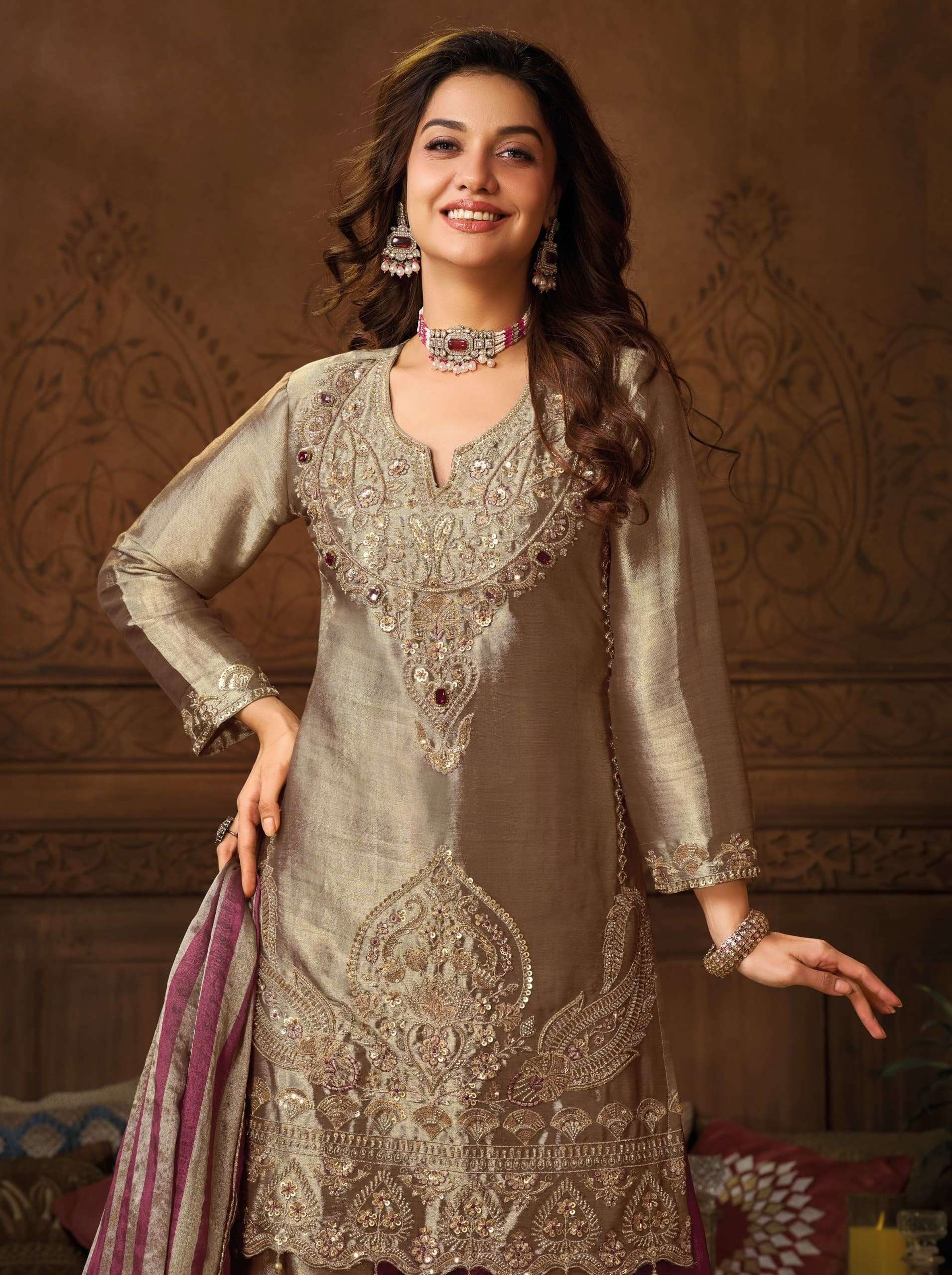 Royal Banarasi Pure Zari Embroidered Suit Set | Cross-Kali Palazzo Bottom with Pure Zari Dupatta