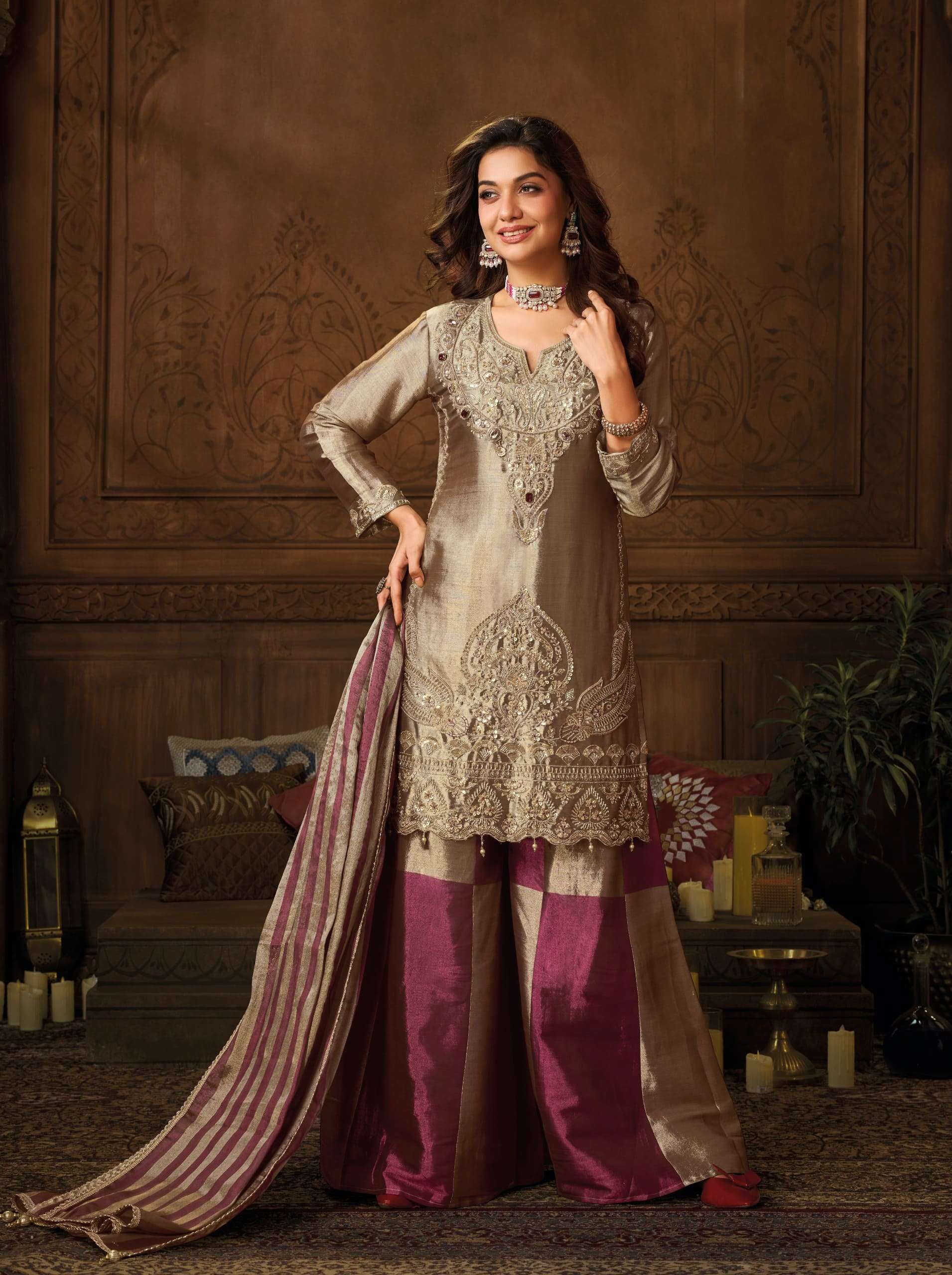 Royal Banarasi Pure Zari Embroidered Suit Set | Cross-Kali Palazzo Bottom with Pure Zari Dupatta