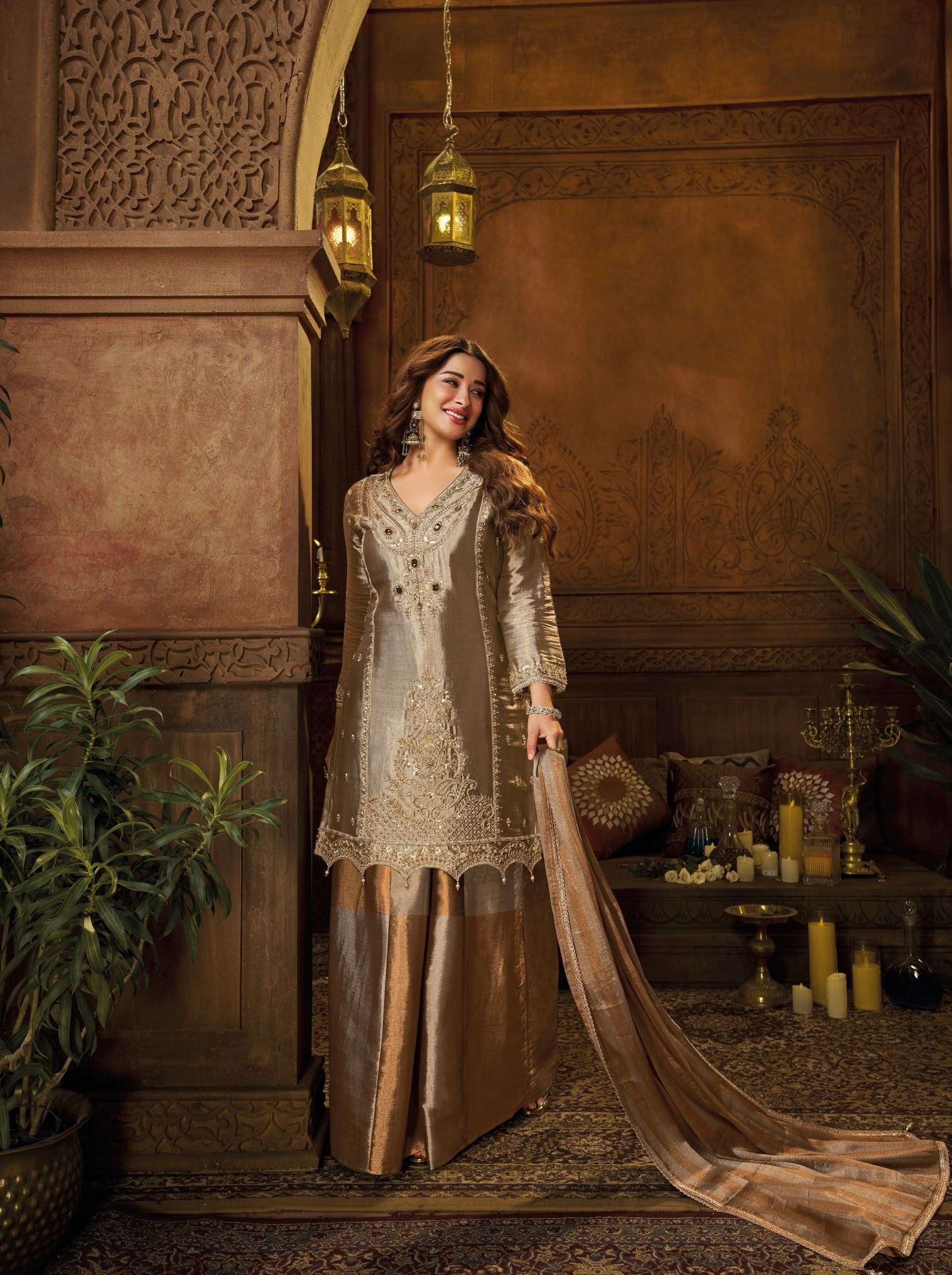 Royal Banarasi Pure Zari Embroidered Suit Set | Cross-Kali Palazzo with Pure Zari Dupatta