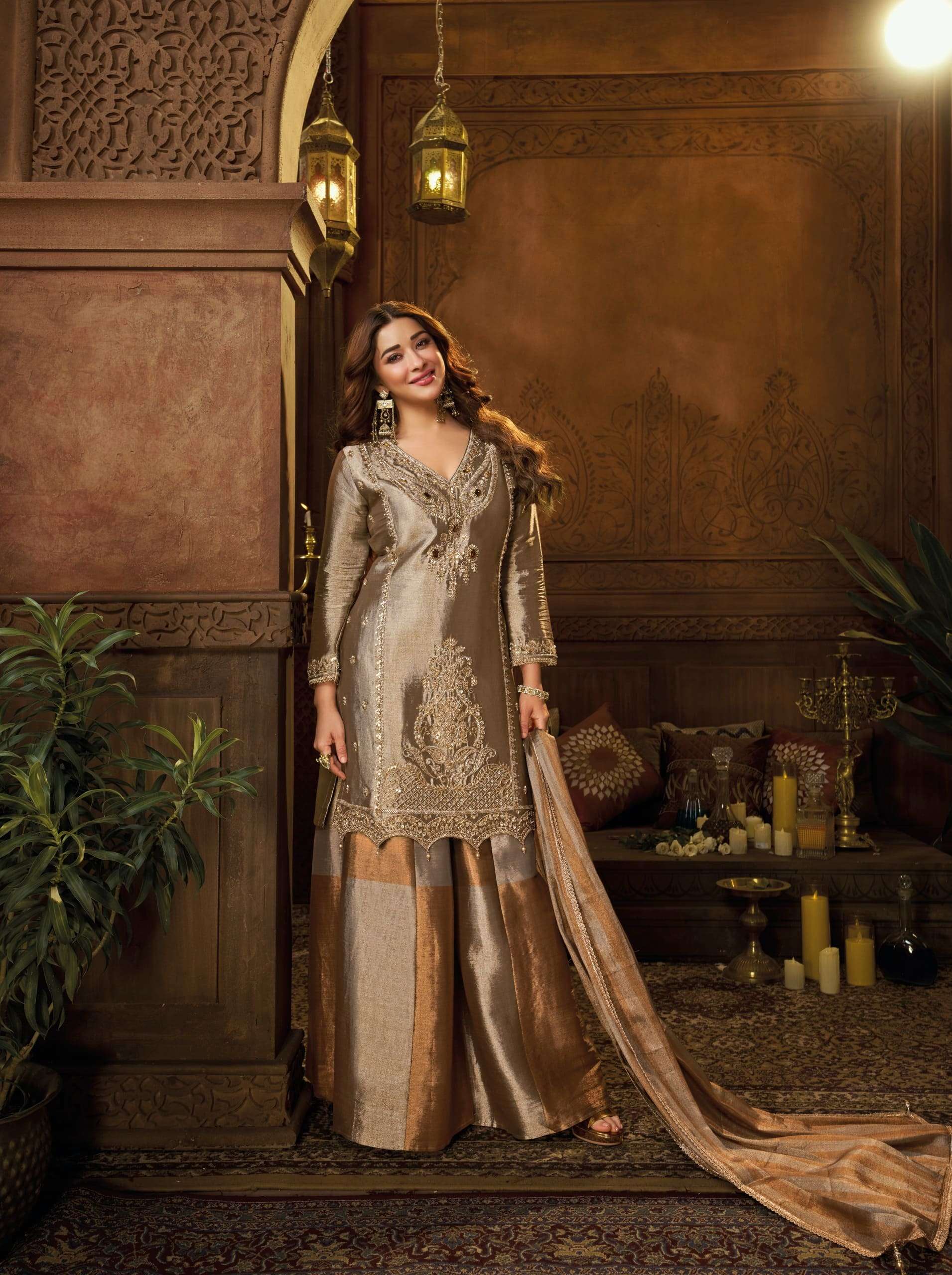 Royal Banarasi Pure Zari Embroidered Suit Set | Cross-Kali Palazzo with Pure Zari Dupatta