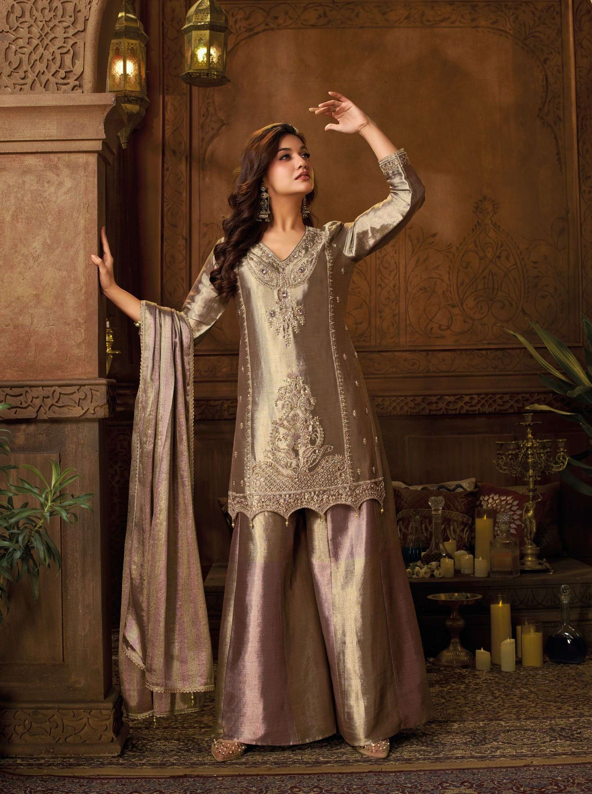 Royal Banarasi Pure Zari Embroidered Suit Set | Cross-Kali Palazzo with Pure Zari Dupattaa
