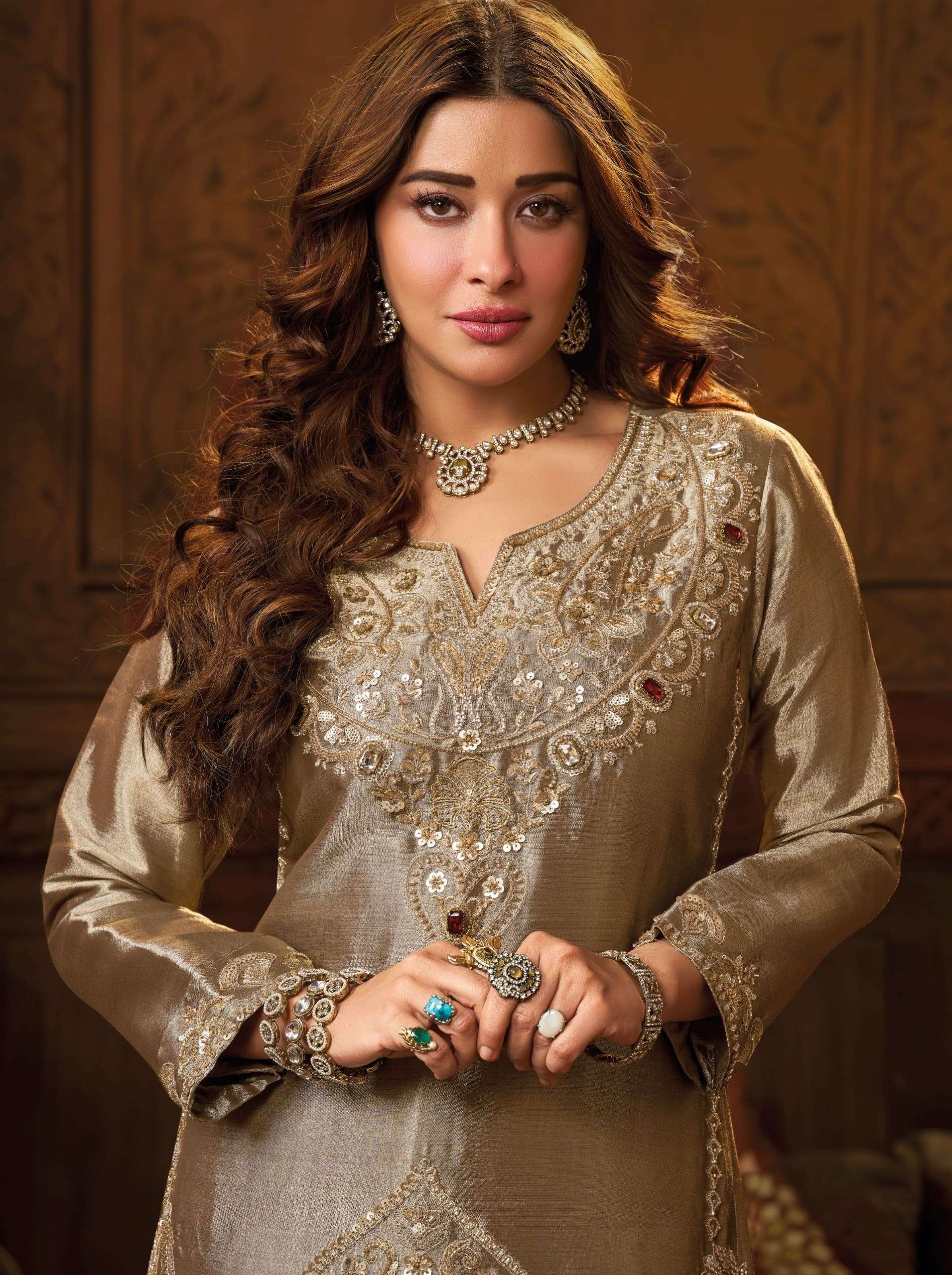 Royal Banarasi Pure Zari Embroidered Suit Set with Cross-Kali Palazzo & Pure Zari Dupatta