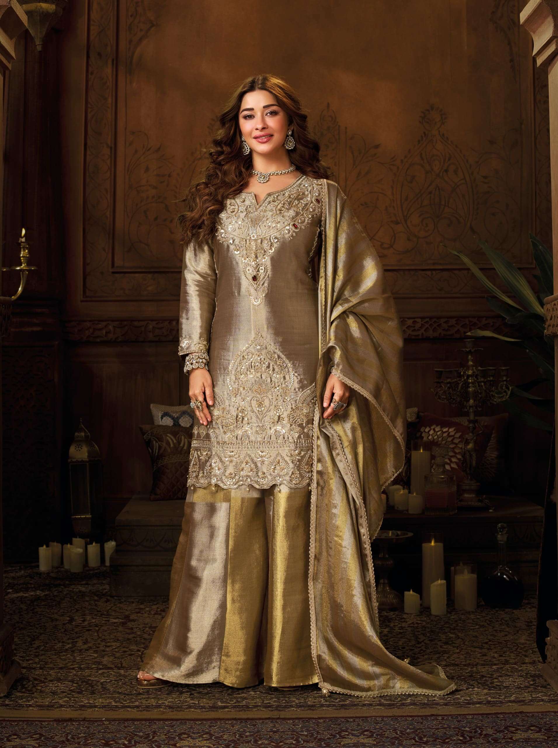Royal Banarasi Pure Zari Embroidered Suit Set with Cross-Kali Palazzo & Pure Zari Dupatta