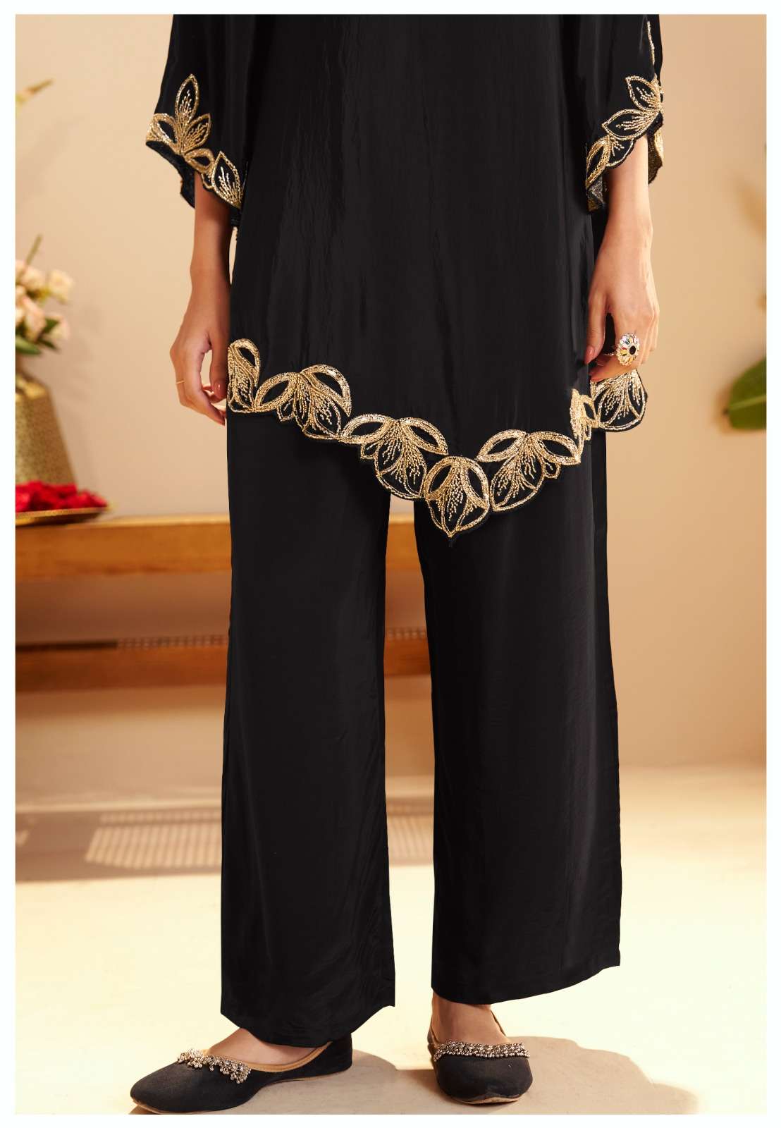Royal Black Pure Crepe Zari Embroidered Co-ord Set with Scalloped Details