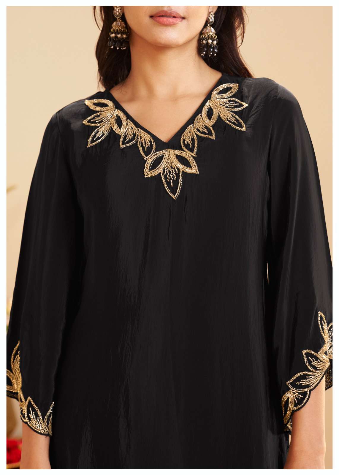 Royal Black Pure Crepe Zari Embroidered Co-ord Set with Scalloped Details