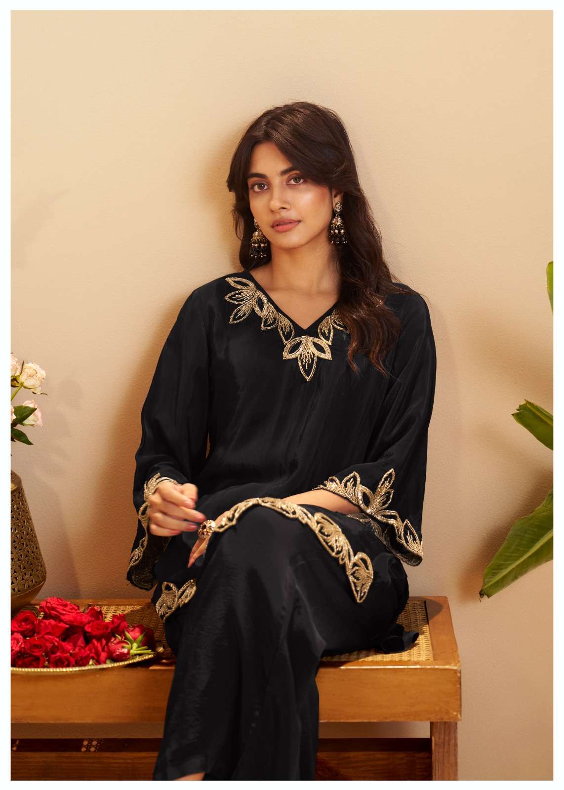 Royal Black Pure Crepe Zari Embroidered Co-ord Set with Scalloped Details