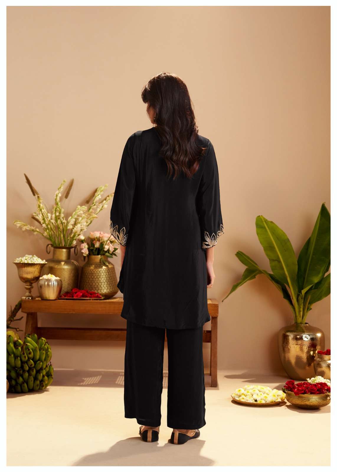 Royal Black Pure Crepe Zari Embroidered Co-ord Set with Scalloped Details