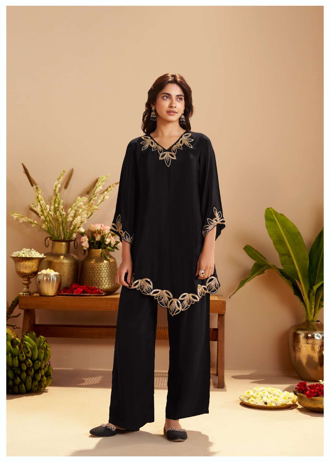 Royal Black Pure Crepe Zari Embroidered Co-ord Set with Scalloped Details