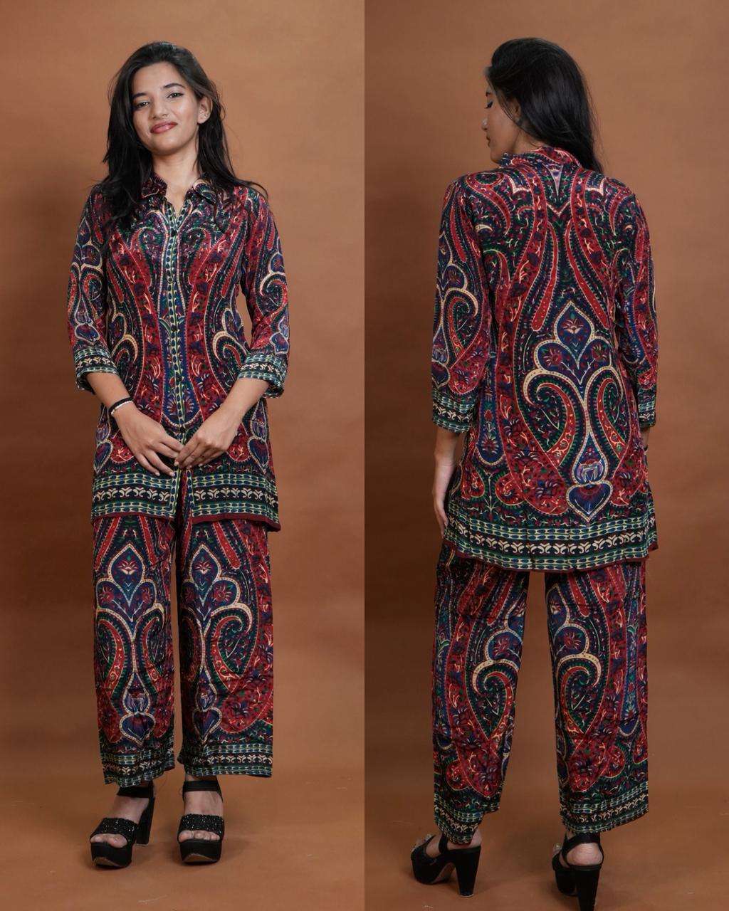 Bandhani Printed Rayon Co-Ord Set with Stylish Long Kurta and Matching Palazzo Pants for Women