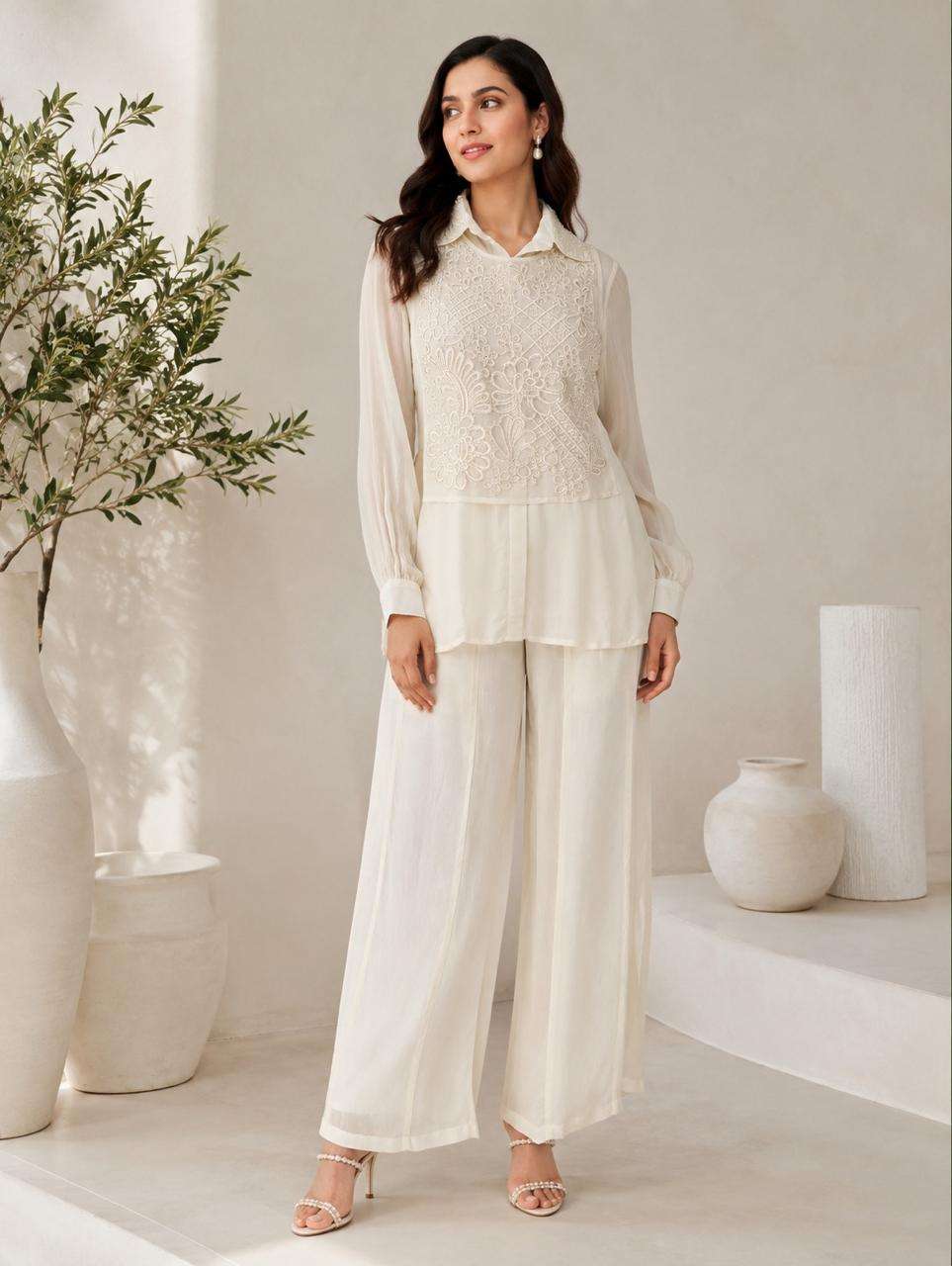 Designer Chinon Top & Bottom Set | Elegant Tone-to-Tone Embroidery Work | Premium Collection