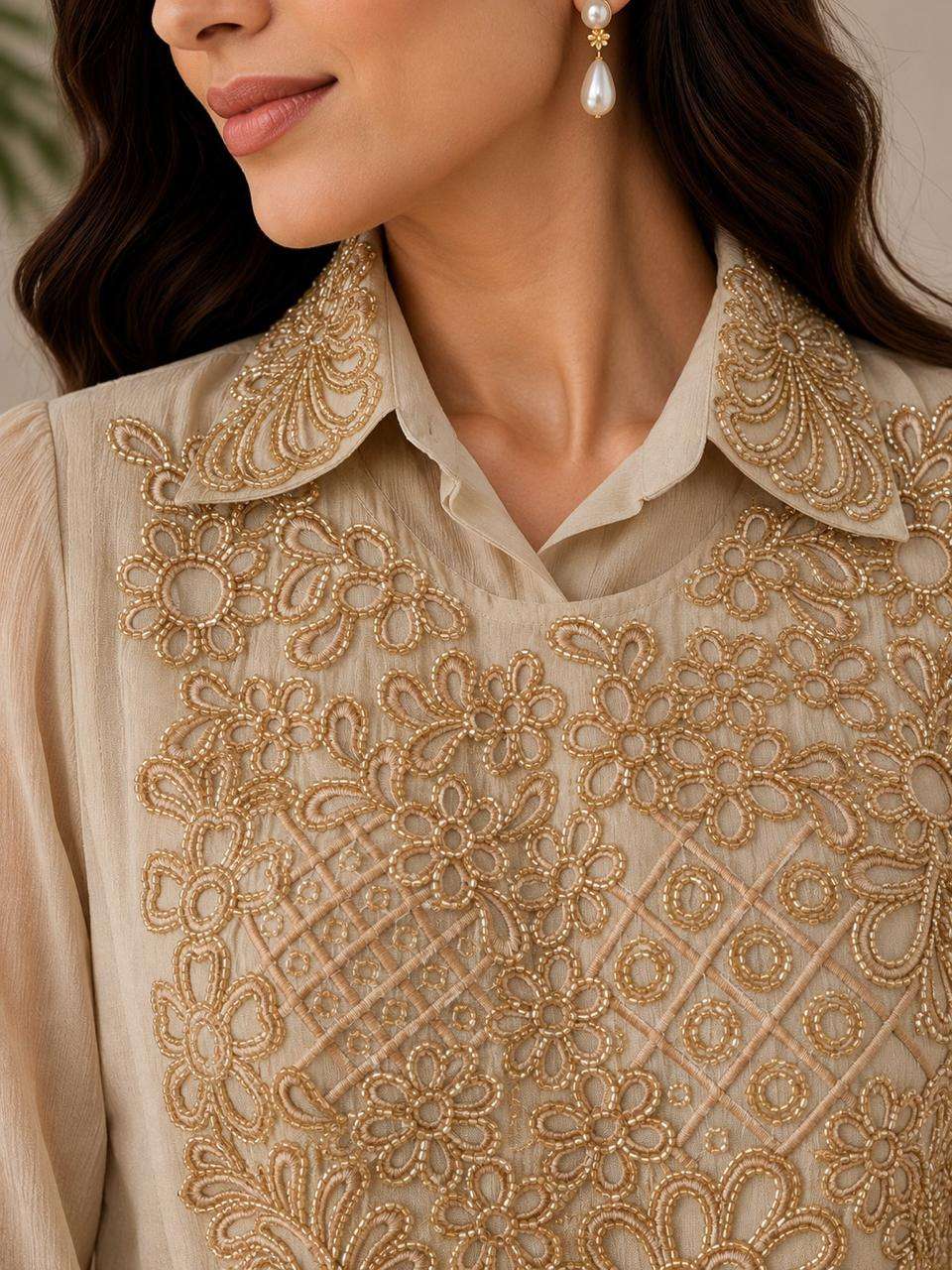 Designer Chinon Top & Bottom Set with Elegant Tone-to-Tone Beads Work | Premium Collection