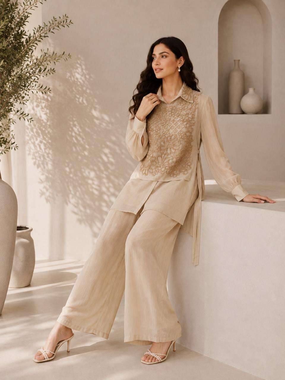 Designer Chinon Top & Bottom Set with Elegant Tone-to-Tone Beads Work | Premium Collection