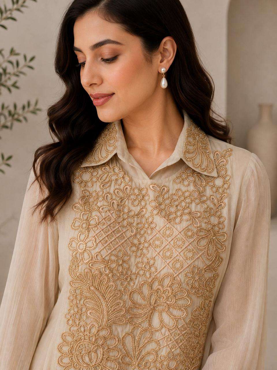 Designer Chinon Top & Bottom Set with Elegant Tone-to-Tone Beads Work | Premium Collection