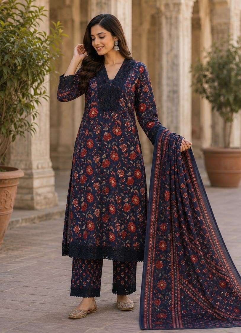 Pure Cotton Floral Printed 3-Piece Suit Set | Elegant Ethnic Wear Collection
