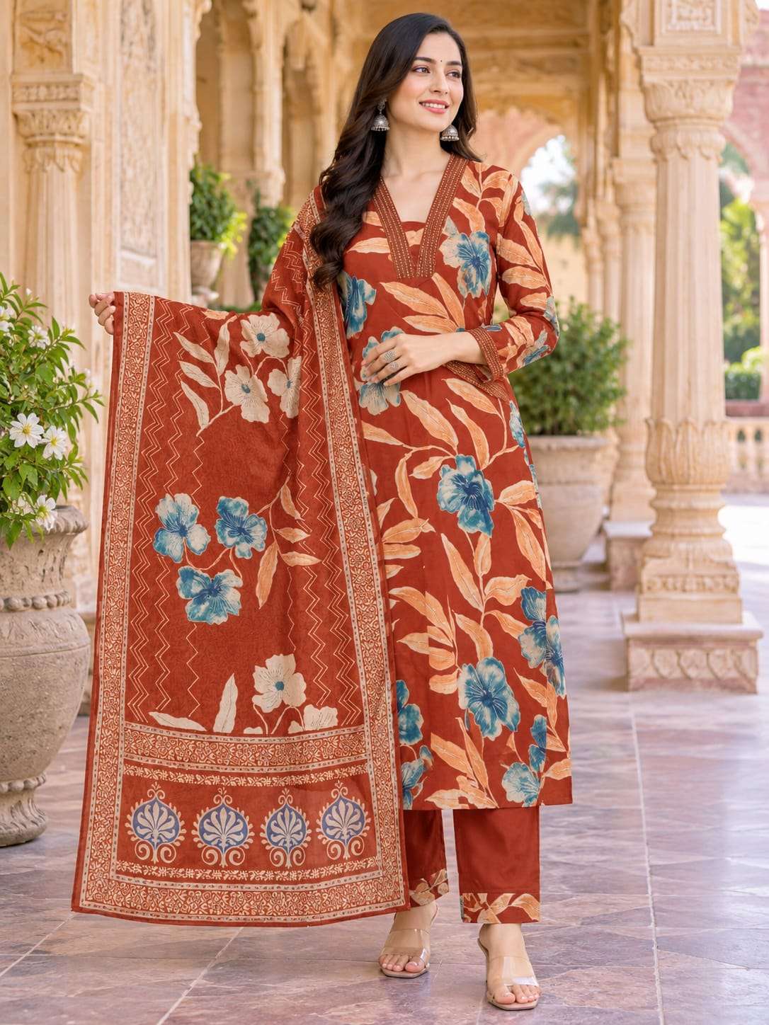 Pure Cotton Floral Printed 3-Piece Suit Set | Elegant Ethnic Wear Collection