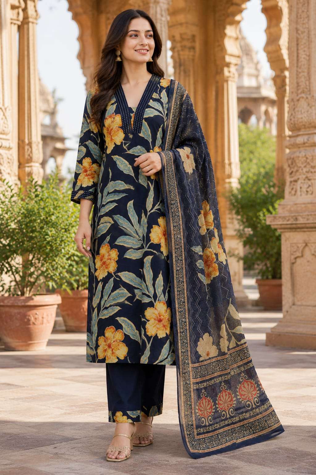 Pure Cotton Floral Printed 3-Piece Suit Set | Elegant Ethnic Wear Collection