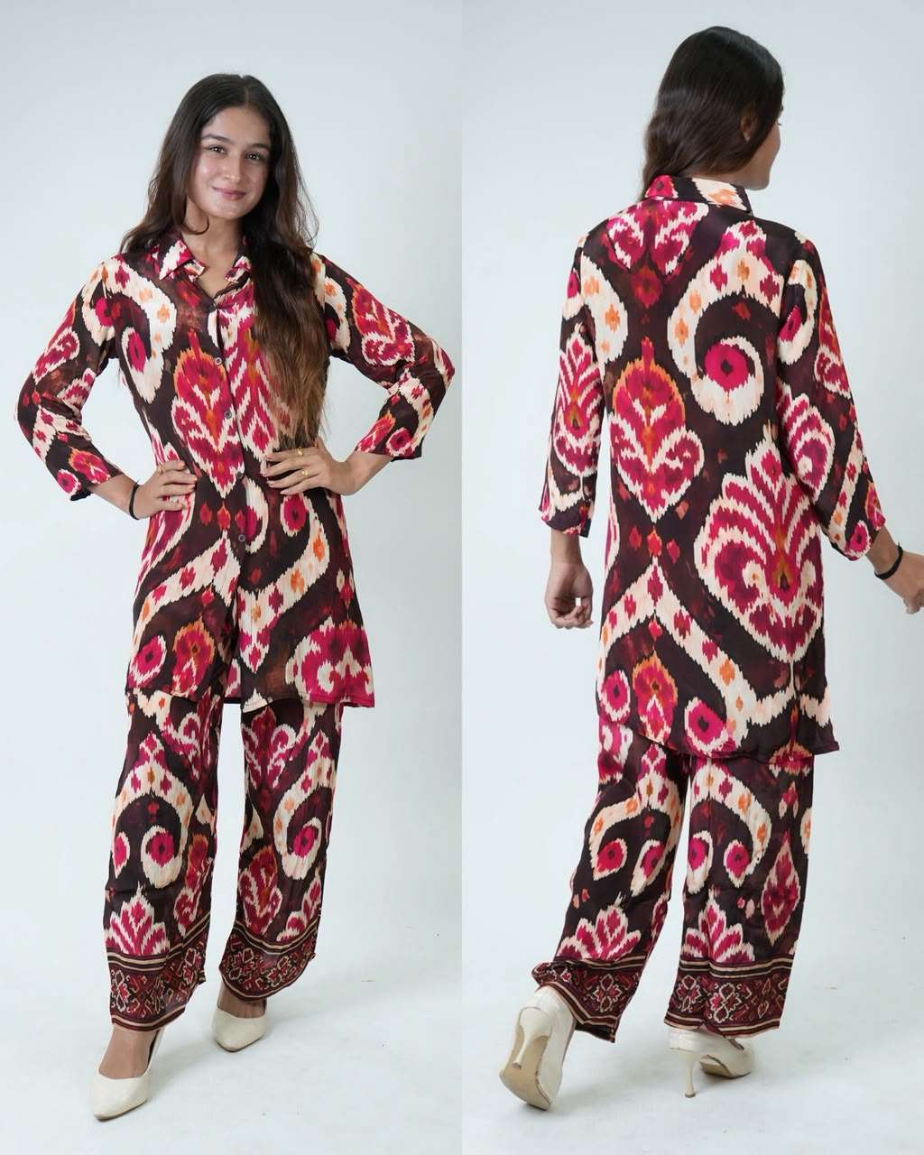 Pure Crepe Printed Kurta Palazzo Set | Designer Printed Kurta with Wide-Leg Palazzo
