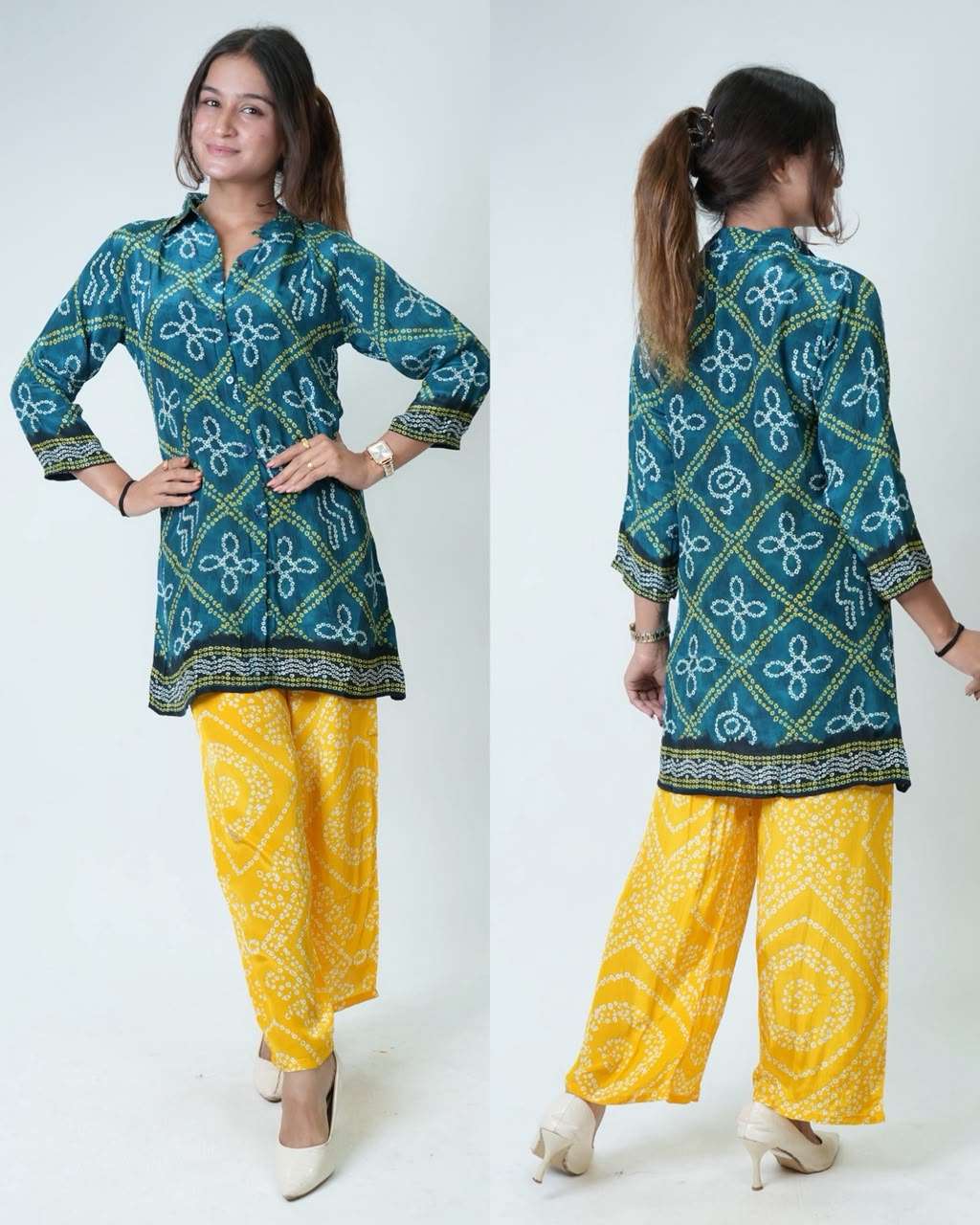 Pure Crepe Printed Kurta Palazzo Set | Designer Printed Kurta with Wide-Leg Palazzo