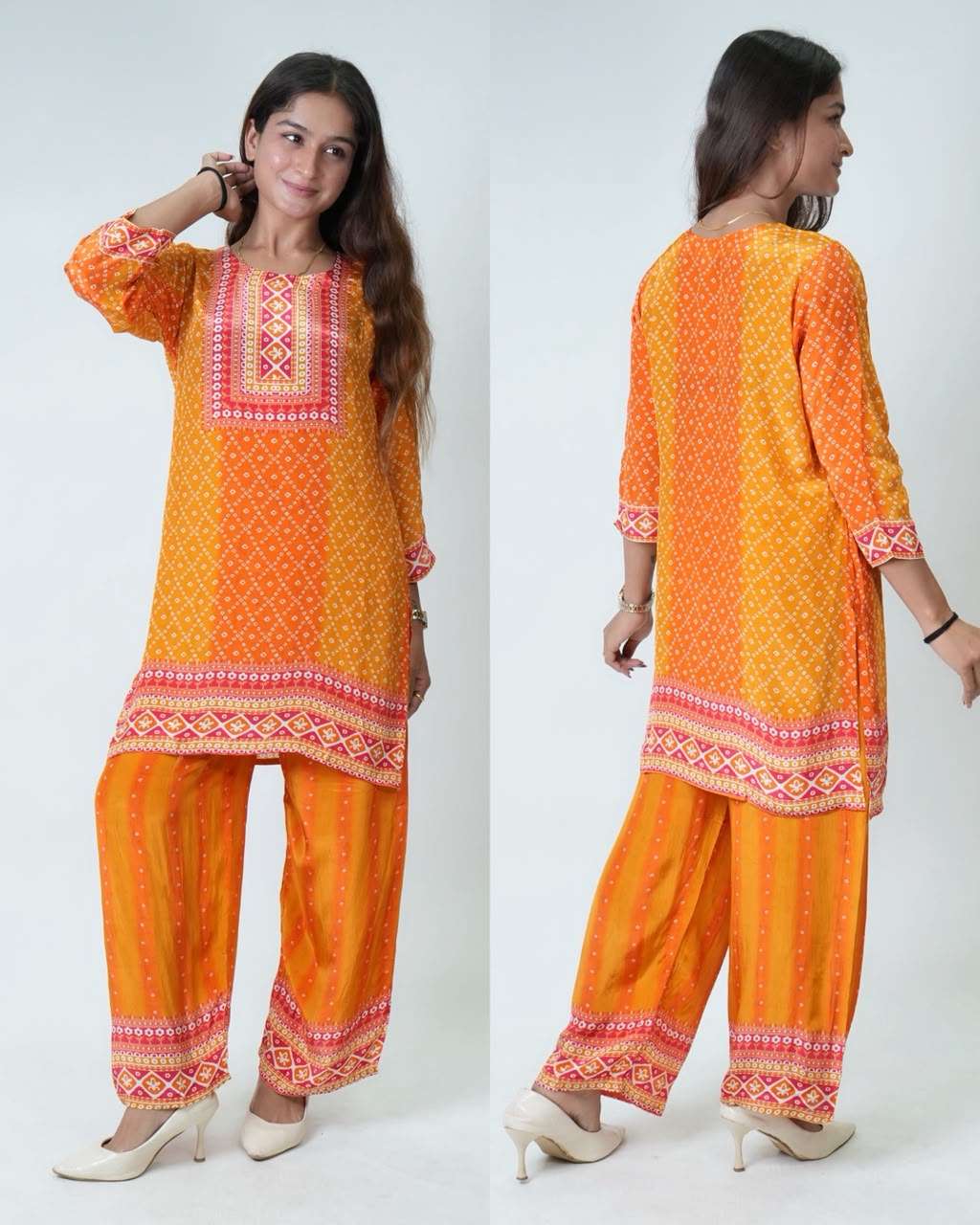 Pure Crepe Printed Kurta Palazzo Set | Designer Printed Kurta with Wide-Leg Palazzo