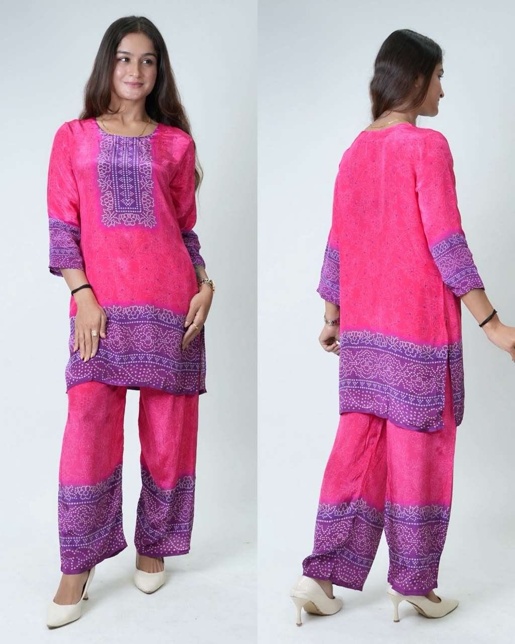 Pure Crepe Printed Kurta Palazzo Set | Designer Printed Kurta with Wide-Leg Palazzo