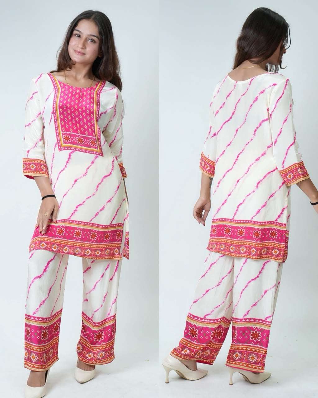 Pure Crepe Printed Kurta Palazzo Set | Designer Printed Kurta with Wide-Leg Palazzo