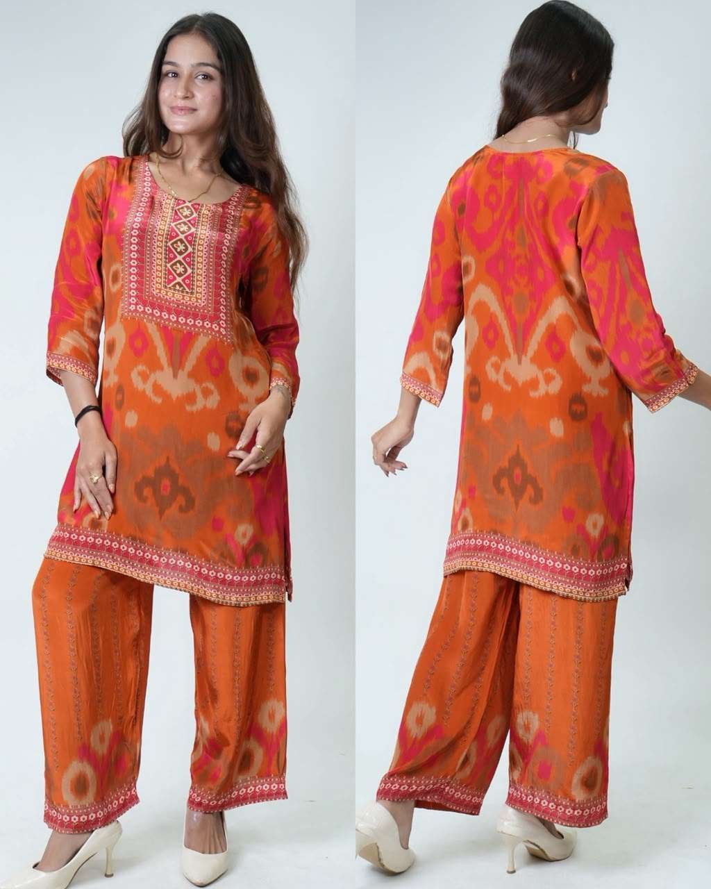 Pure Crepe Printed Kurta Palazzo Set | Designer Printed Kurta with Wide-Leg Palazzo