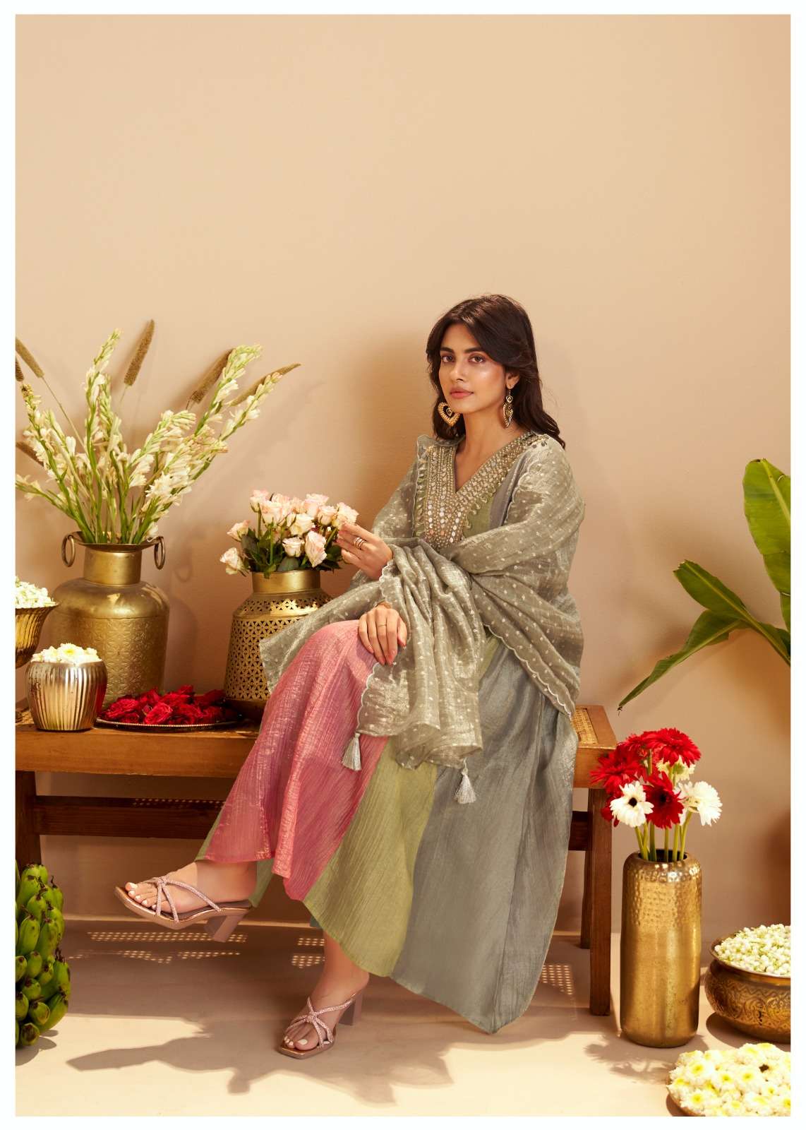 Pure Salsa Fabric Anarkali Suit | Original Mirror Work | V-Neck Designer Anarkali Pattern