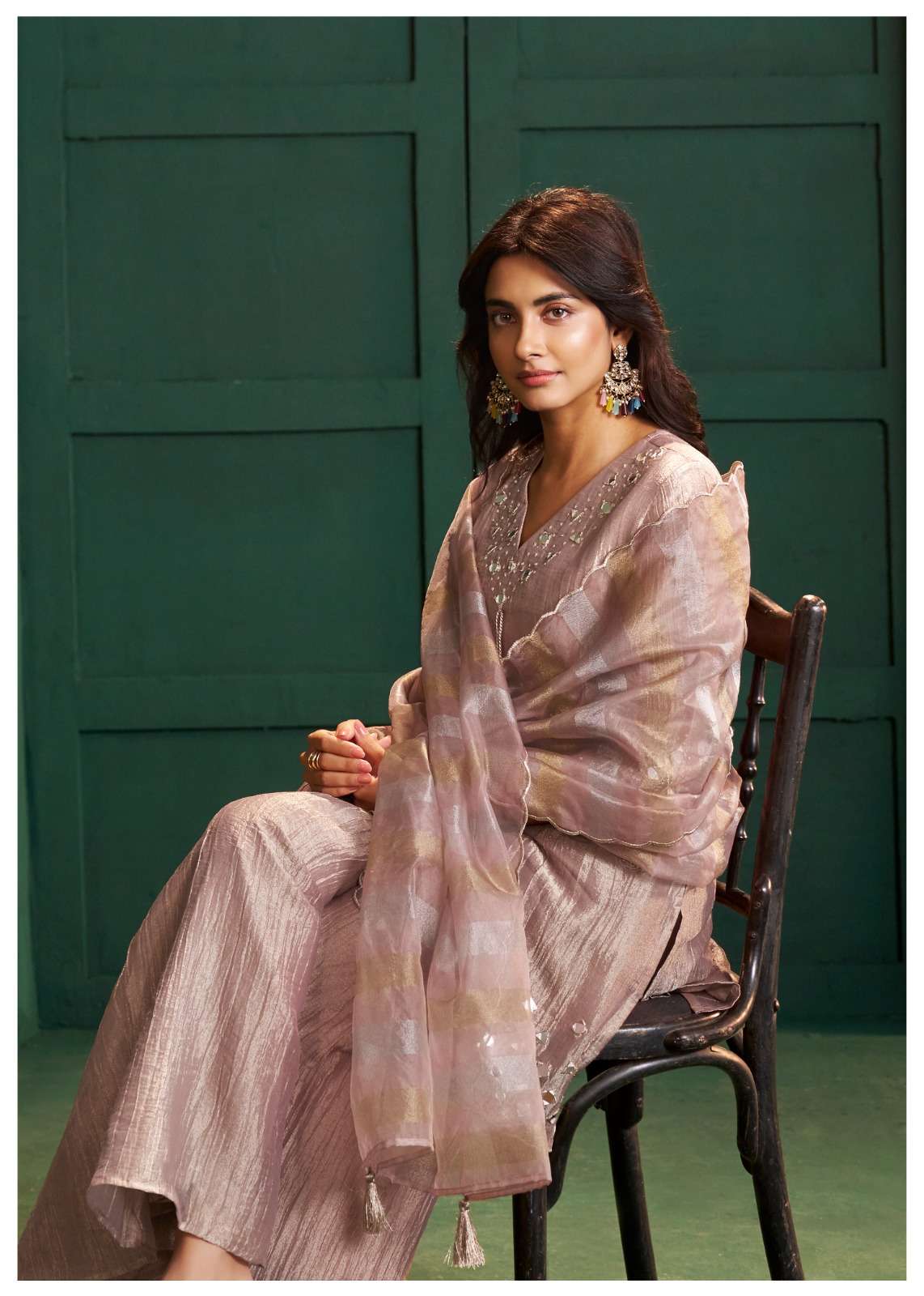 Pure Salsa Fabric Suit Set | Original Mirror Work | Designer Sleeves Cut | Palazzo & Dupatta Set