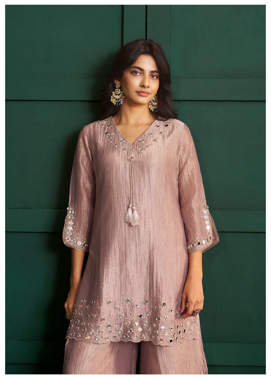 Pure Salsa Fabric Suit Set | Original Mirror Work | Designer Sleeves Cut | Palazzo & Dupatta Set