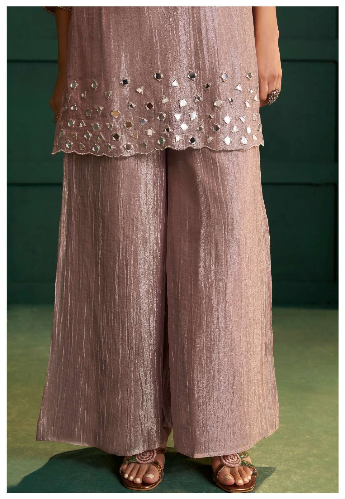 Pure Salsa Fabric Suit Set | Original Mirror Work | Designer Sleeves Cut | Palazzo & Dupatta Set