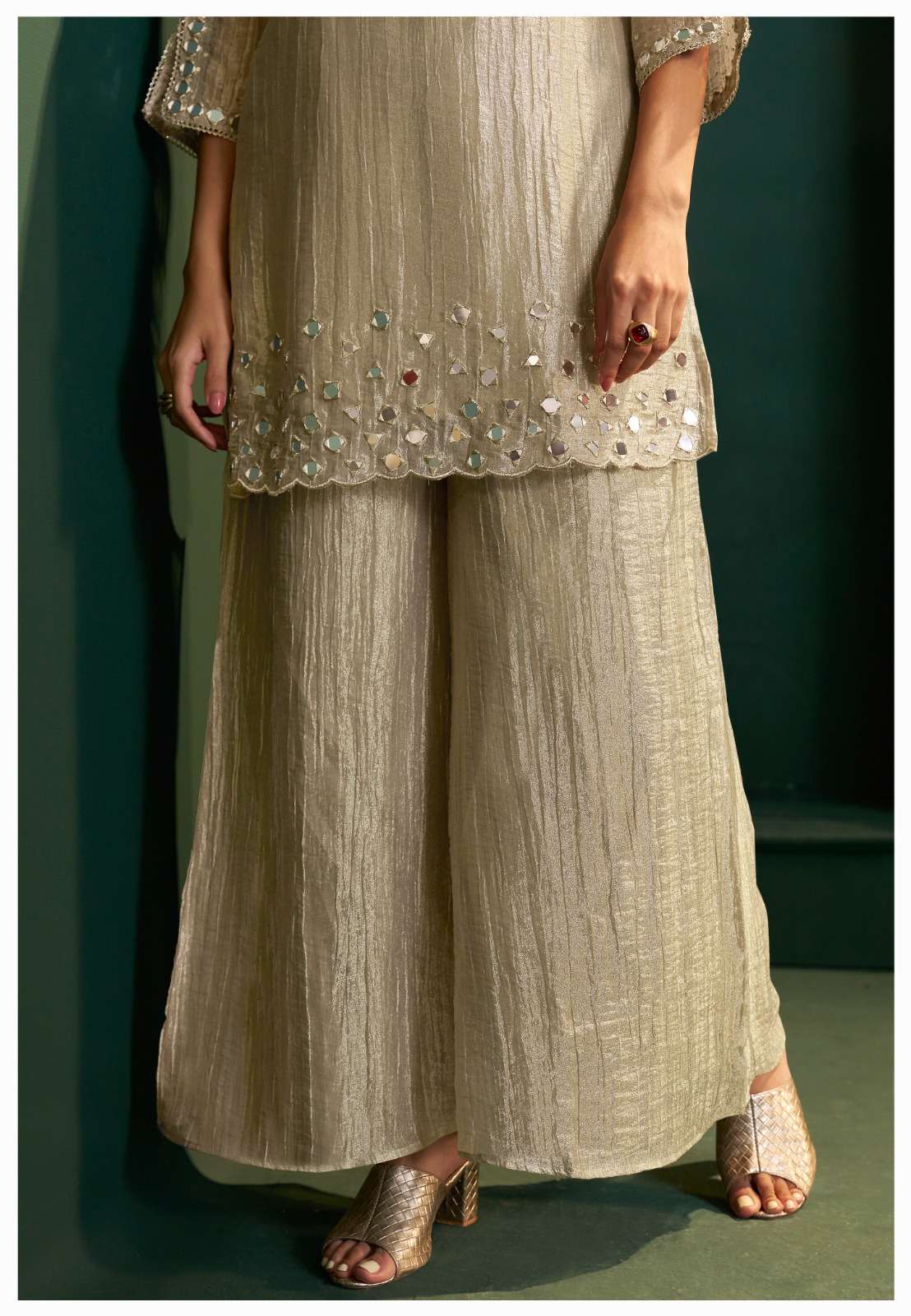 Pure Salsa Fabric Suit Set | Original Mirror Work | Designer Sleeves Cut | Wide-Leg Palazzo Set
