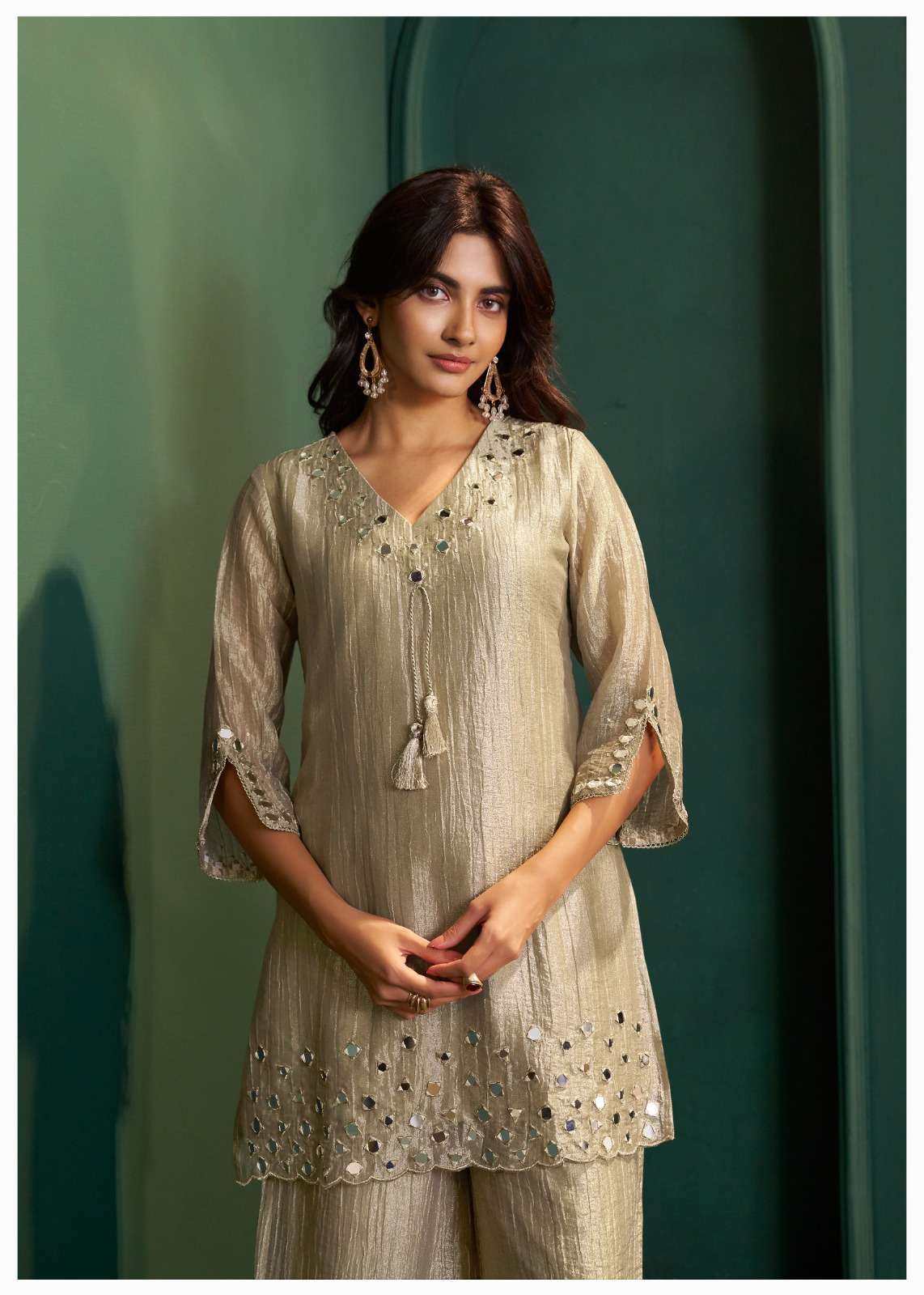 Pure Salsa Fabric Suit Set | Original Mirror Work | Designer Sleeves Cut | Wide-Leg Palazzo Set