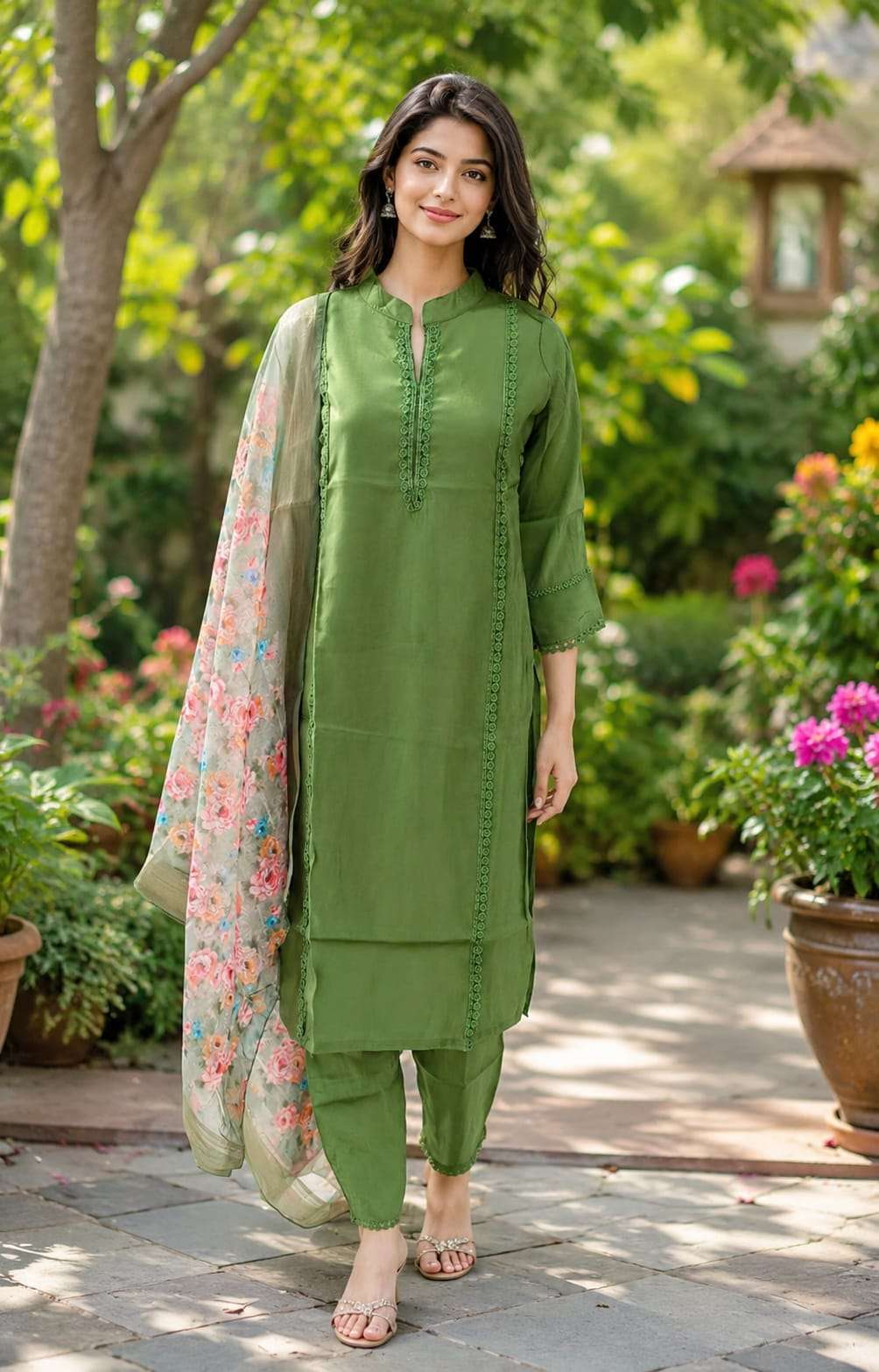 Roman Shimmer Embroidered Kurta Pant Set with Floral Dupatta