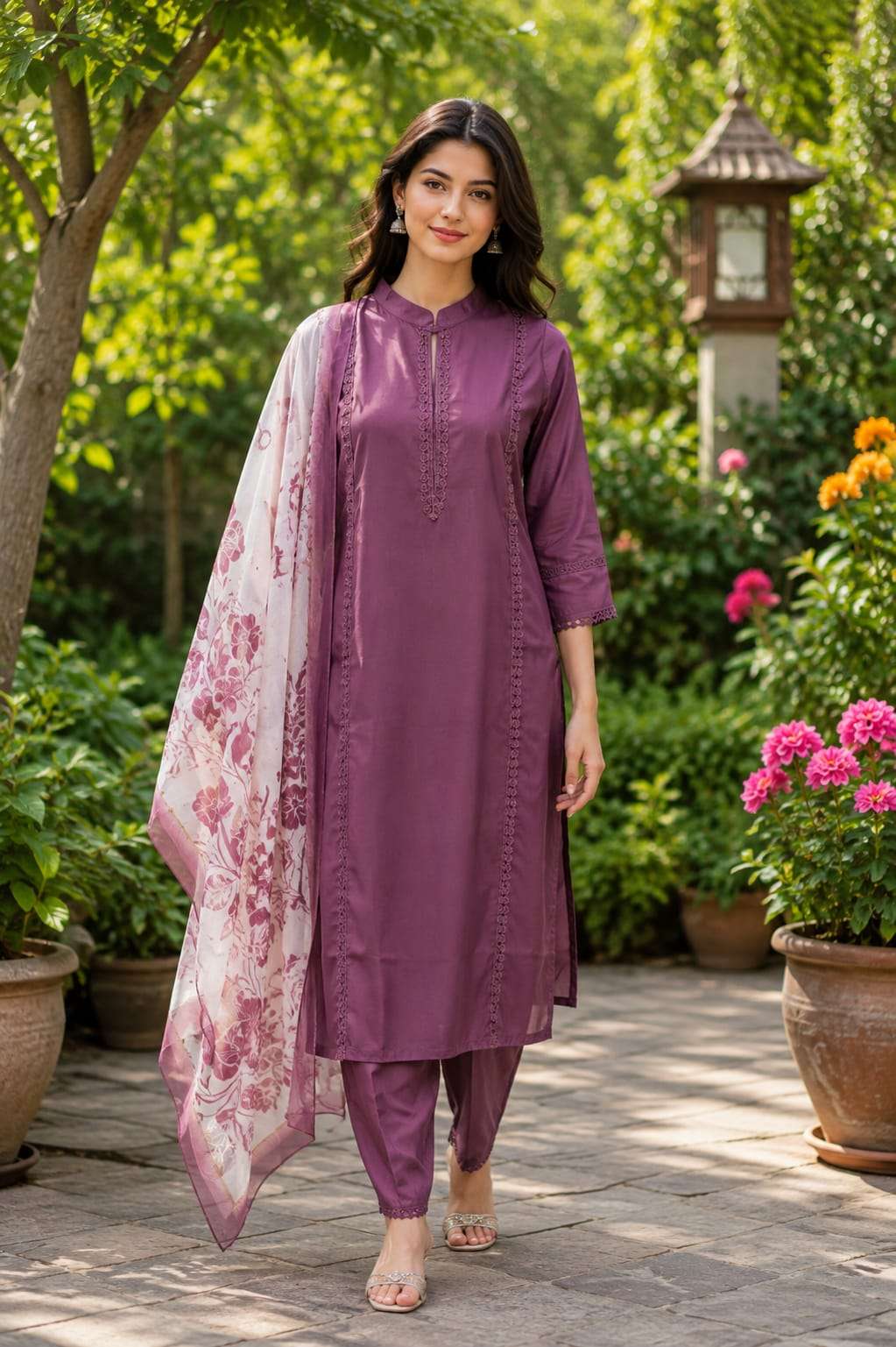 Roman Shimmer Embroidered Kurta Pant Set with Floral Dupatta
