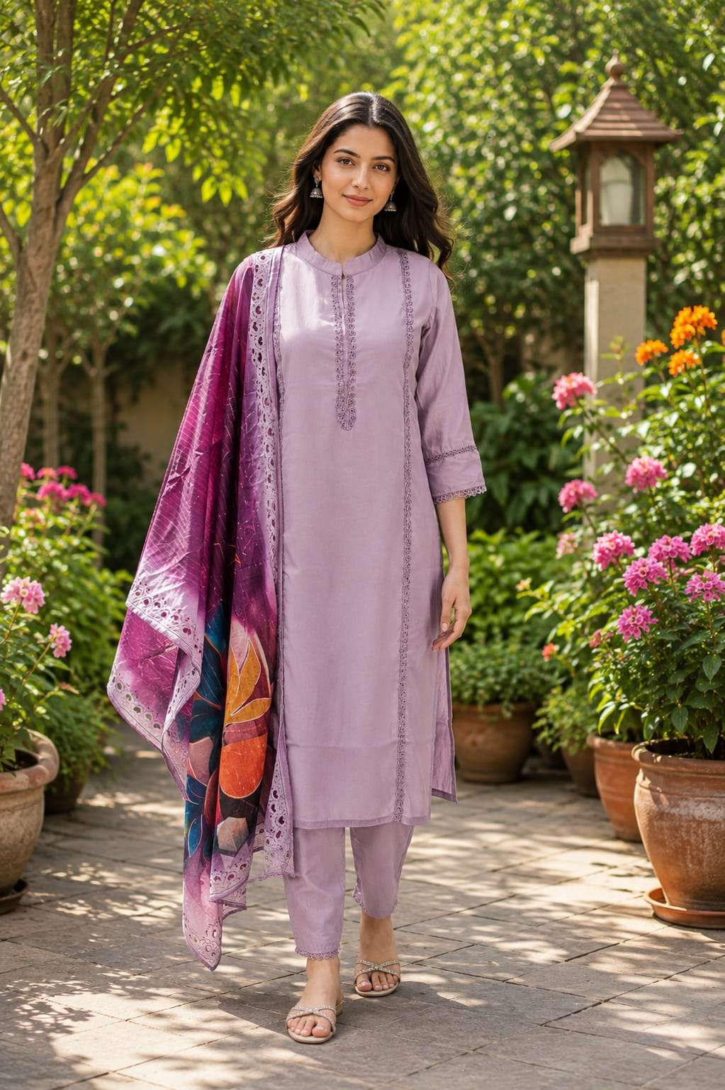 Roman Shimmer Embroidered Kurta Pant Set with Floral Dupatta