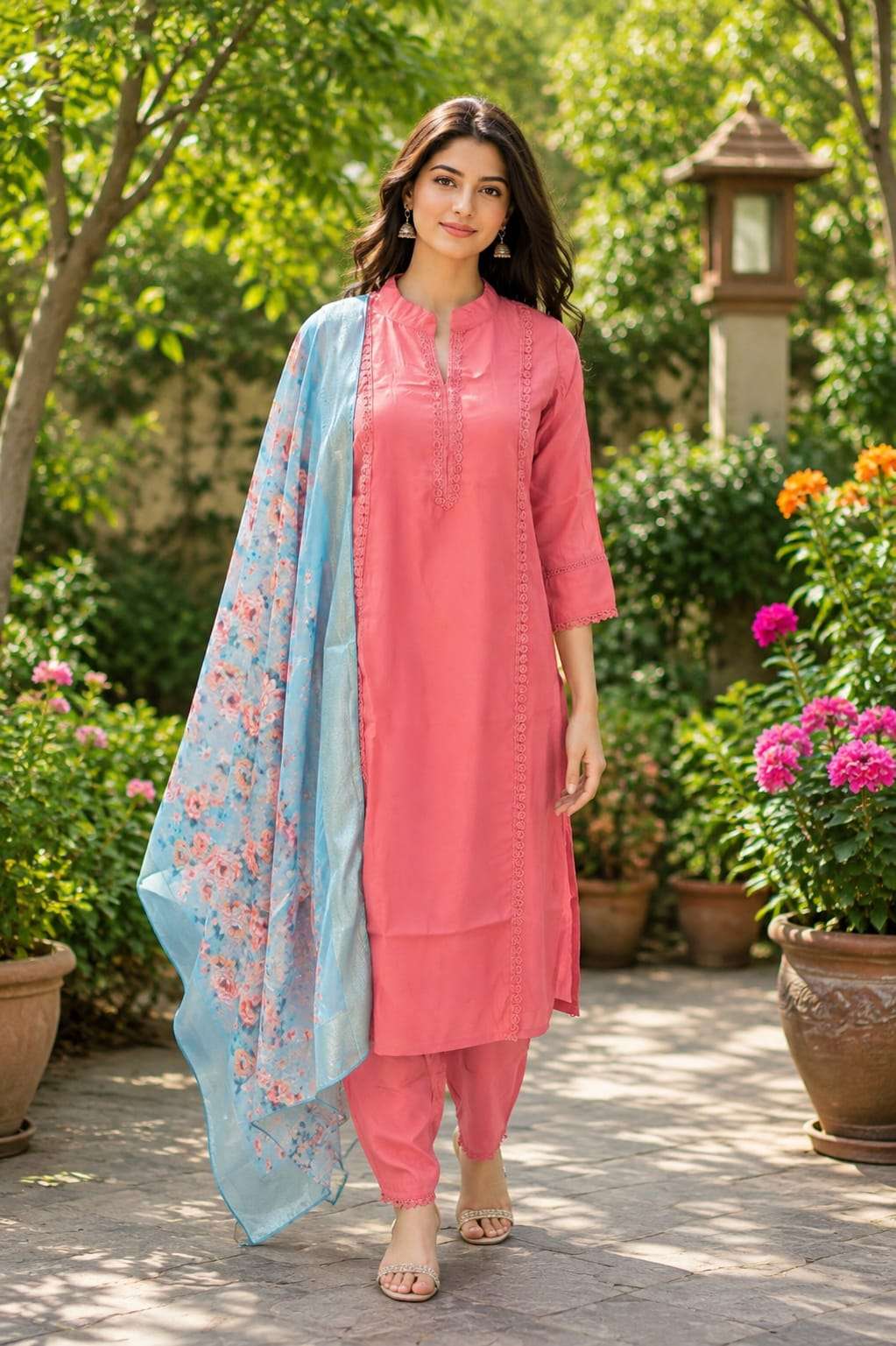 Roman Shimmer Embroidered Kurta Pant Set with Floral Dupatta