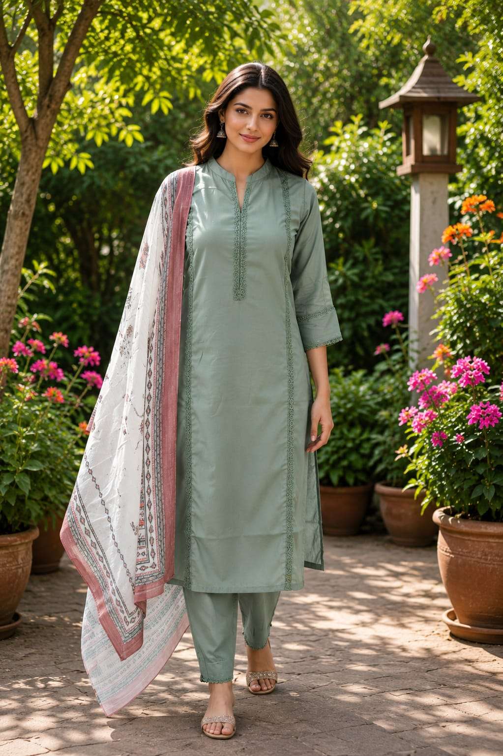 Roman Shimmer Embroidered Kurta Pant Set with Floral Dupatta